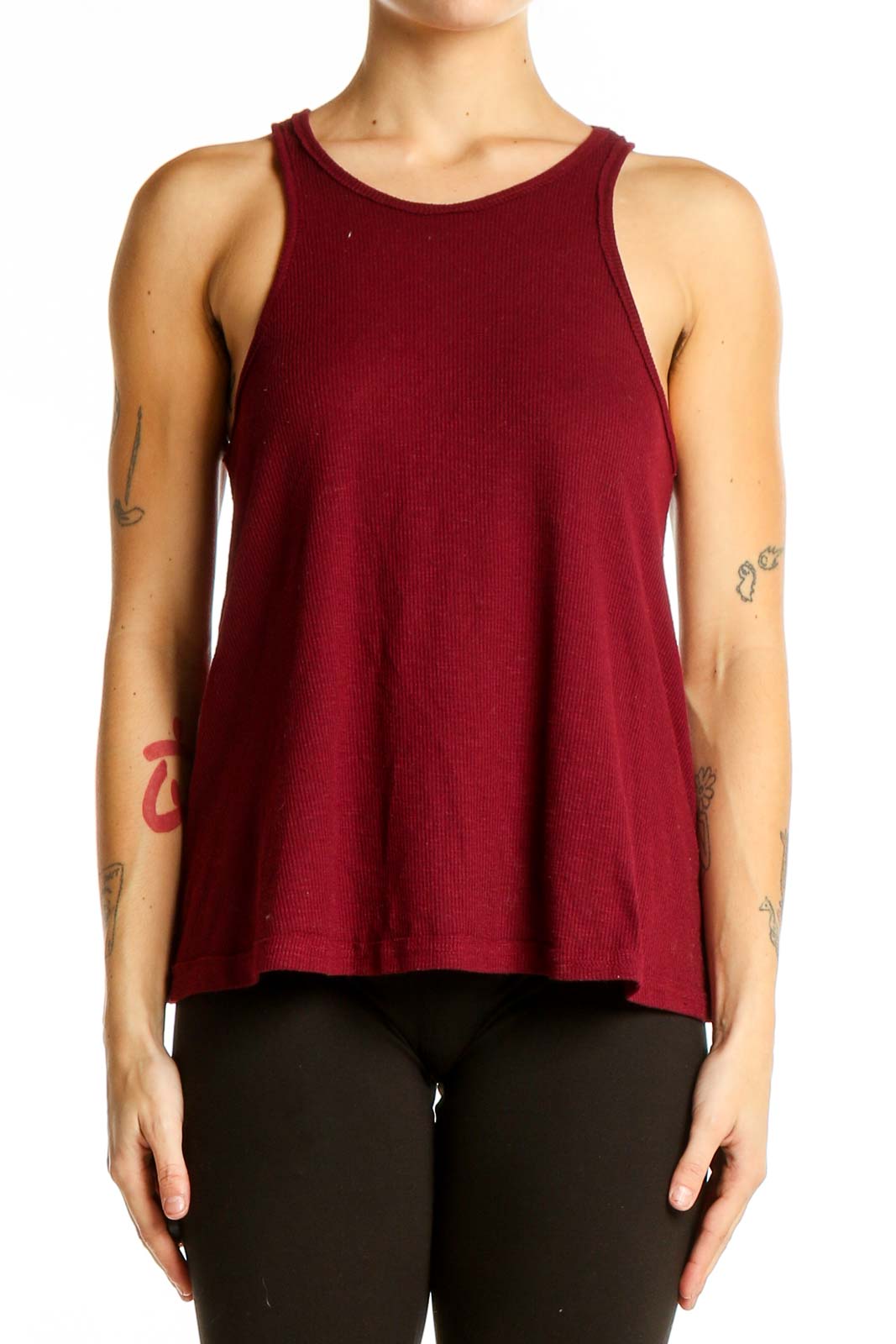 Burgundy Ribbed Sleeveless Tank Top Front