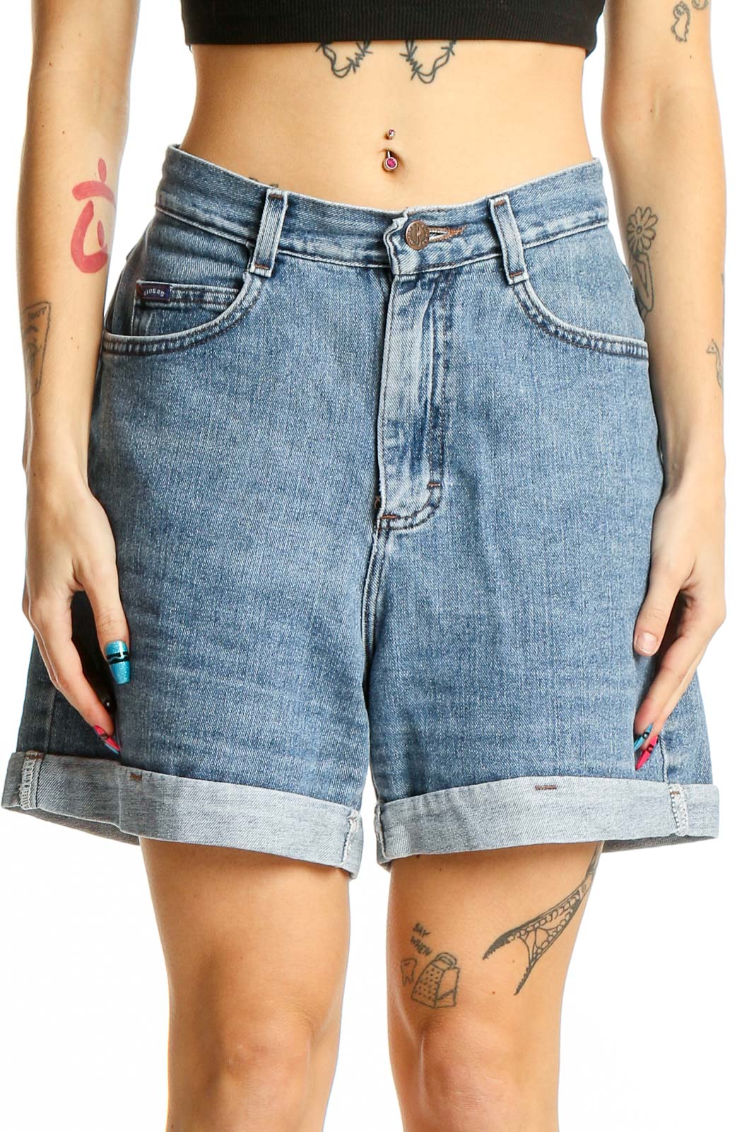 Light Blue Denim High-Waisted Cuffed Shorts Front