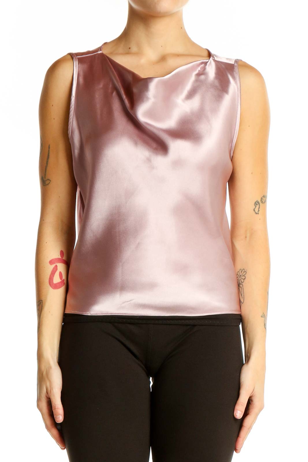 Pink Satin Sleeveless Cowl Neck Top Front