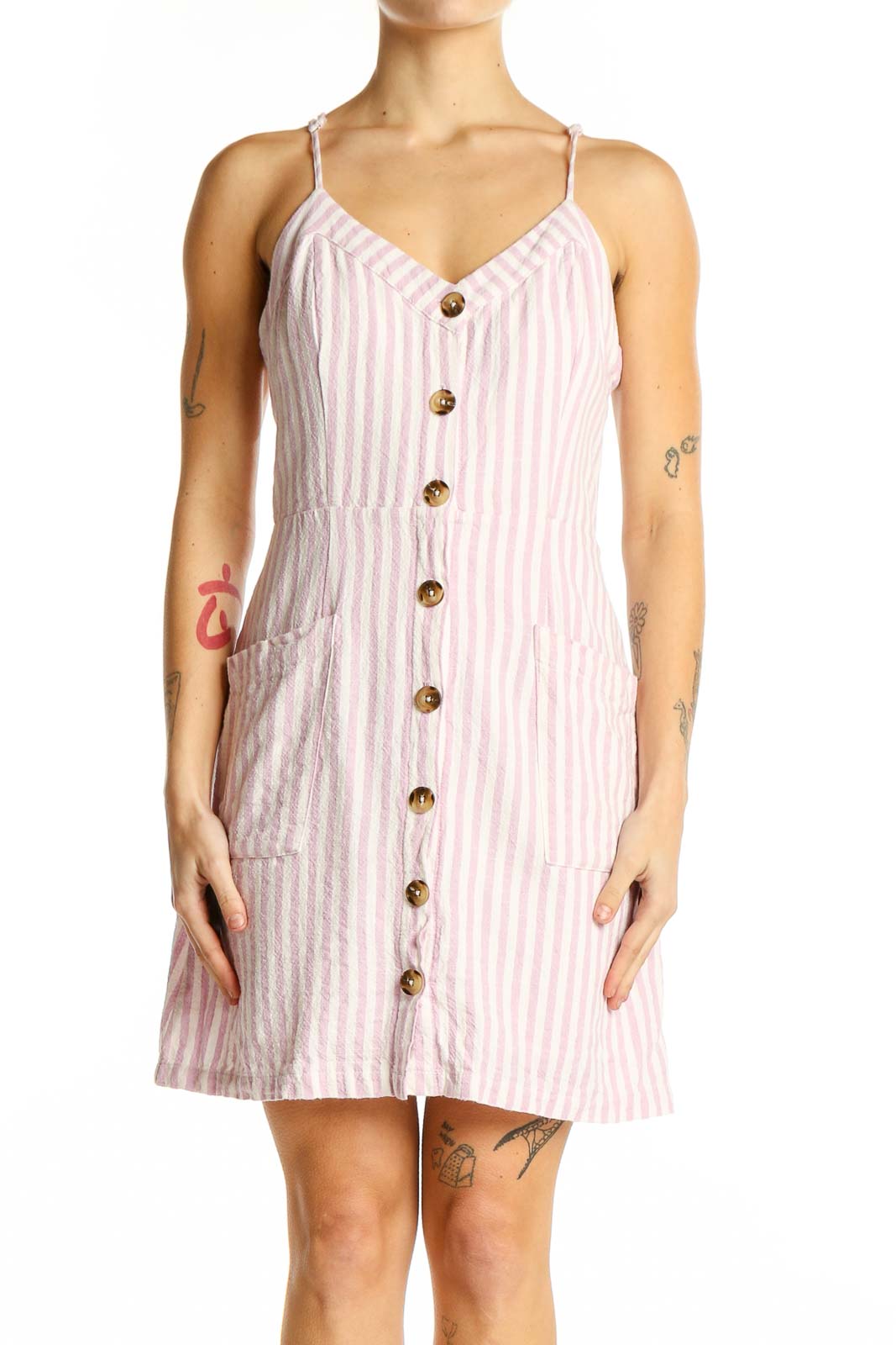 Pink Striped Button-Front Mini Dress Front