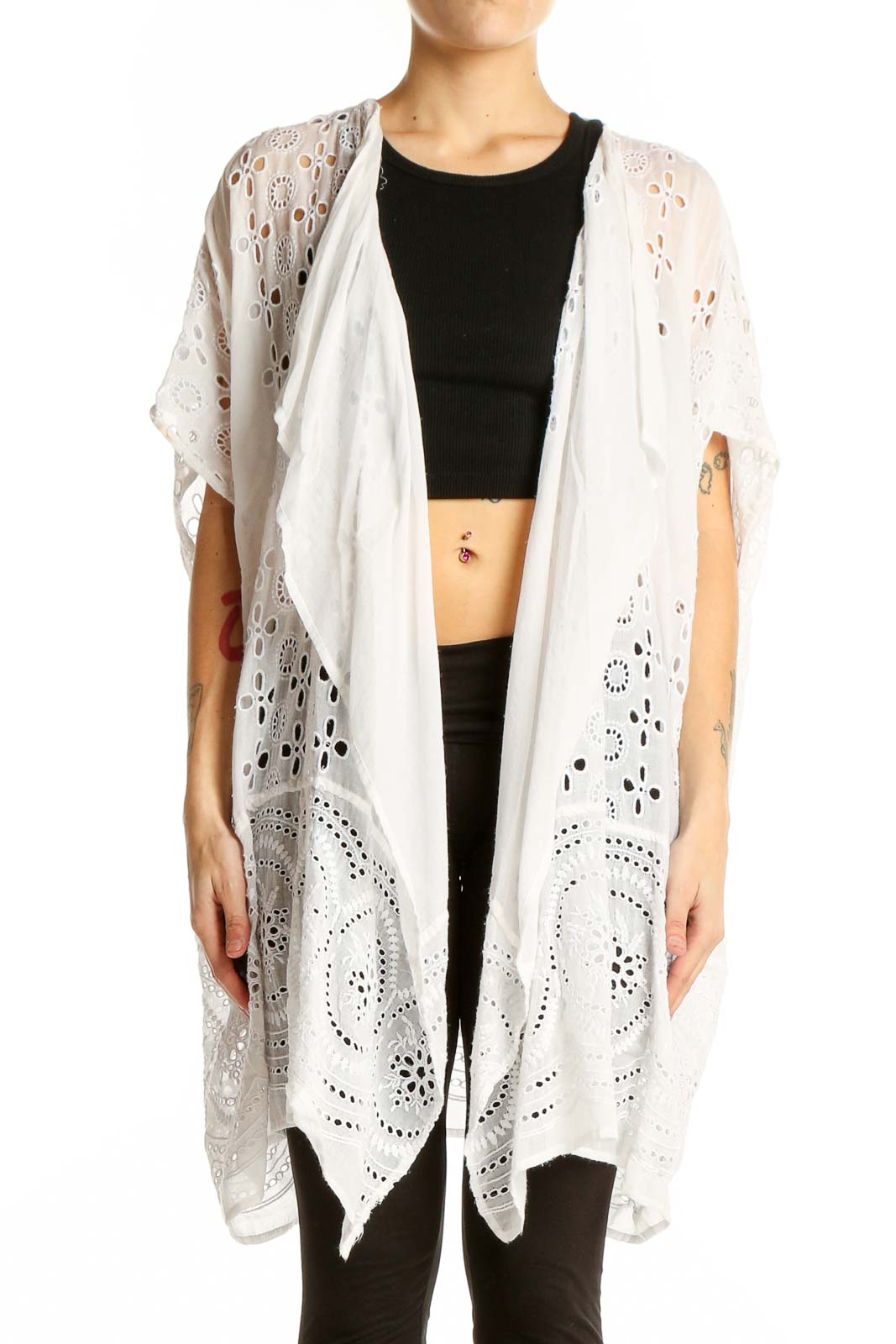 White Eyelet Lace Kimono Cardigan Front