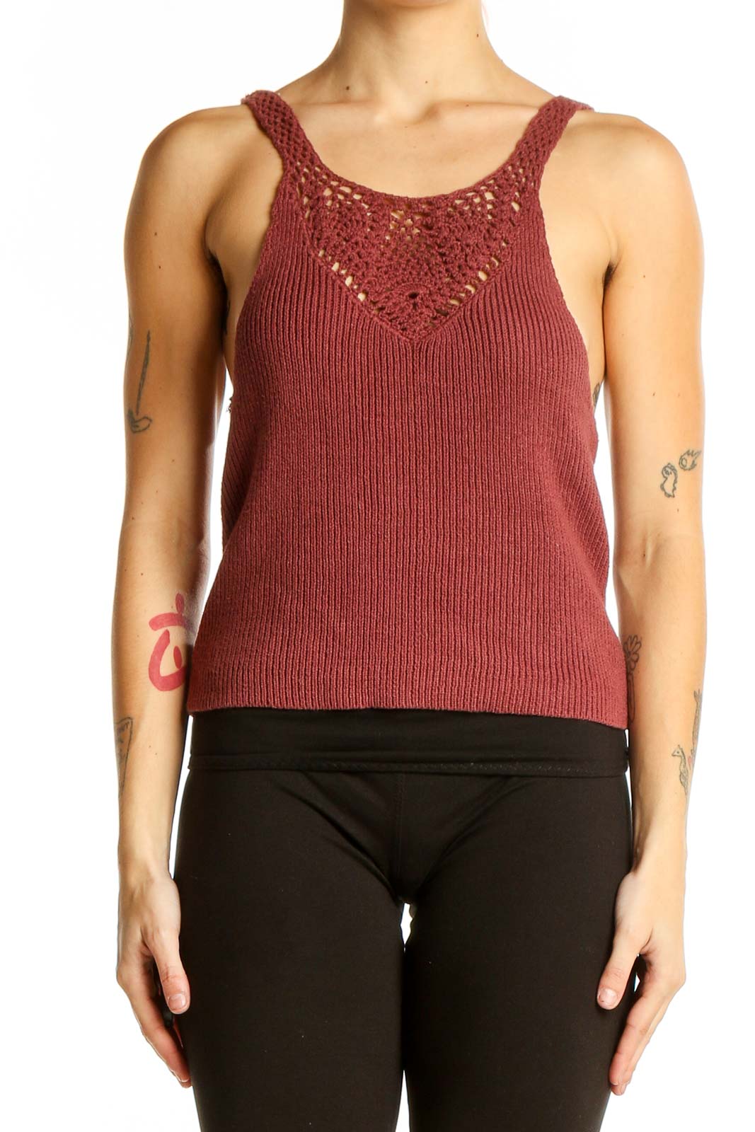 Burgundy Knit Crochet Tank Top Front