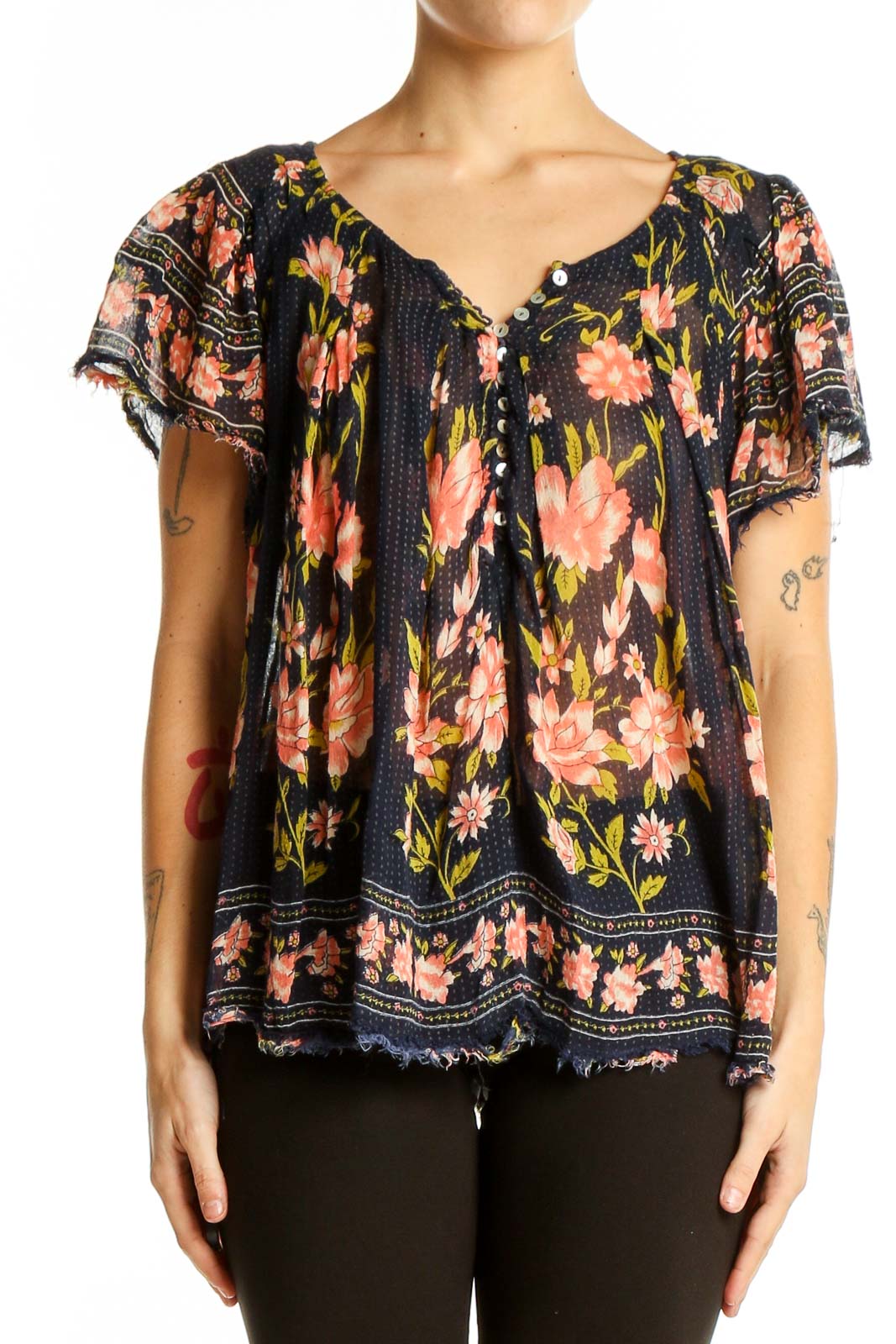 Navy Floral Flutter Sleeve Peasant Top Front