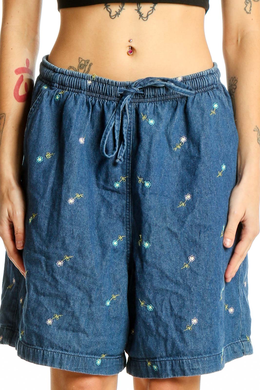 Blue Floral Embroidered Cotton Shorts Front