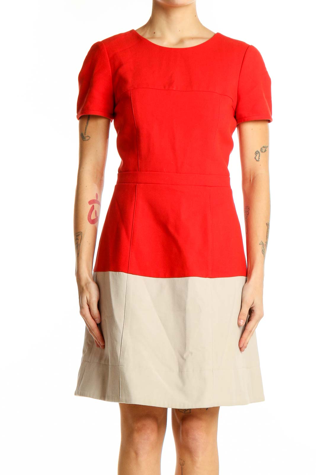 Red and Beige Color Block Dress Front