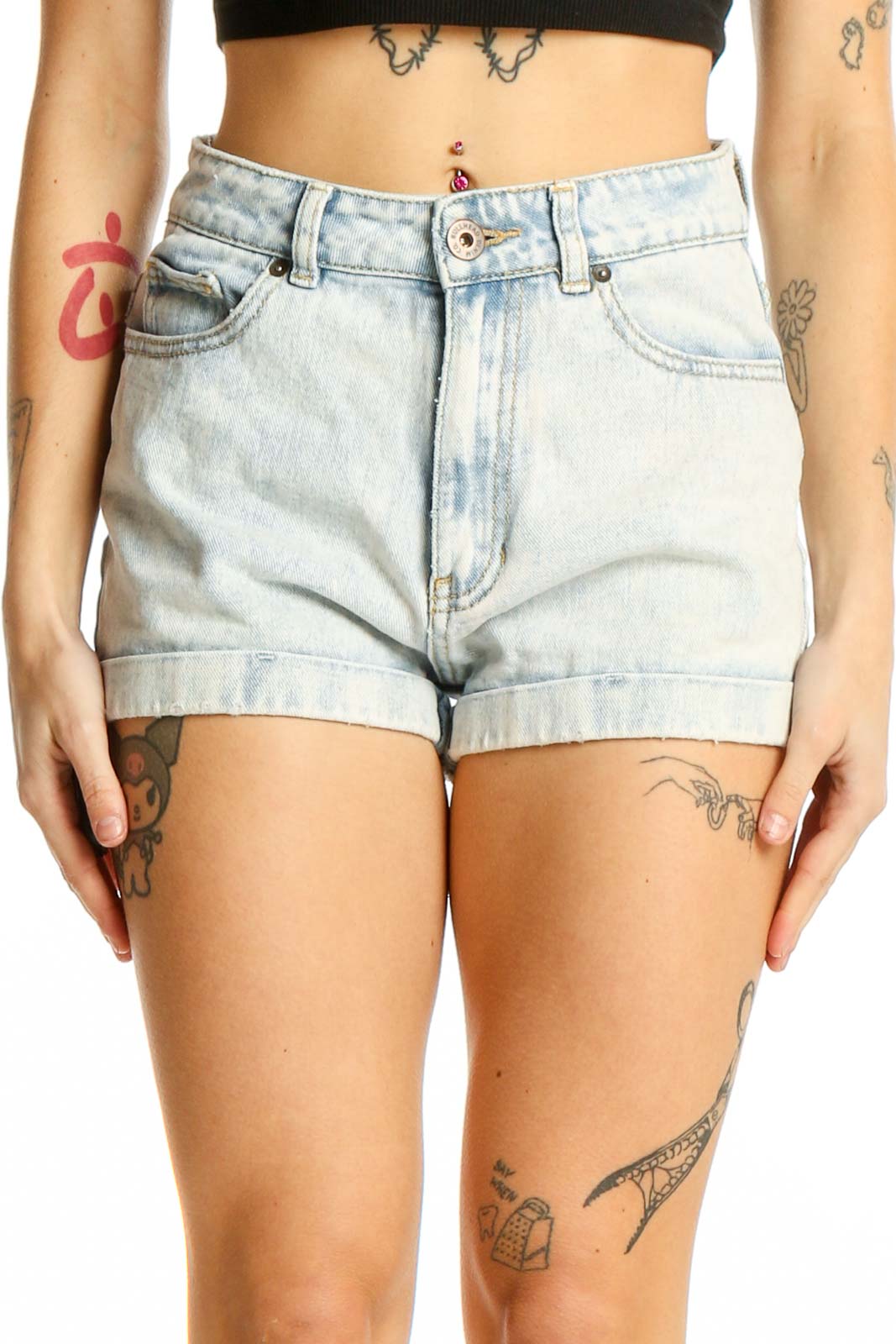 Light Blue Denim High-Waisted Cuffed Shorts Front