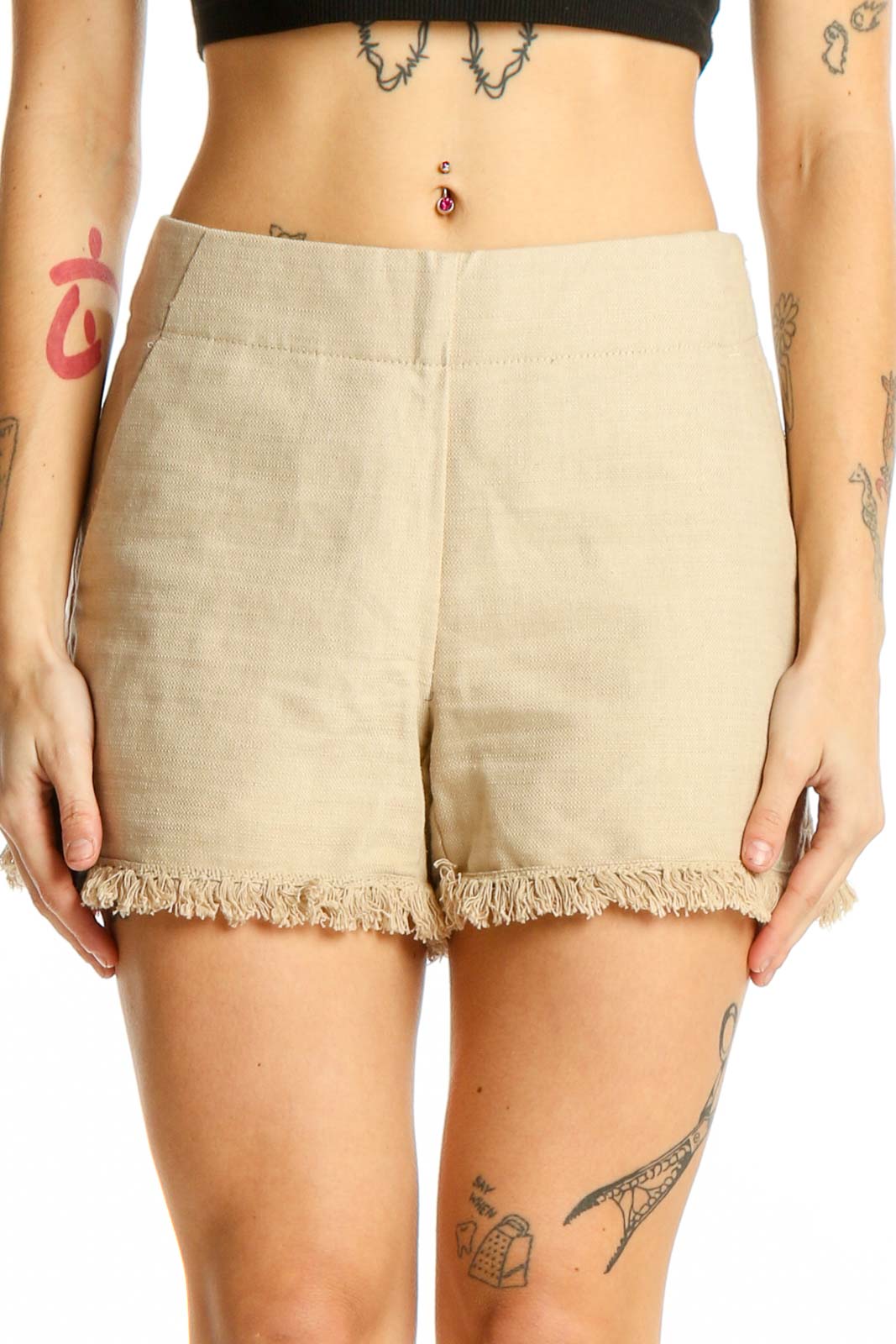 Beige Frayed Hem Linen-Blend Shorts Front