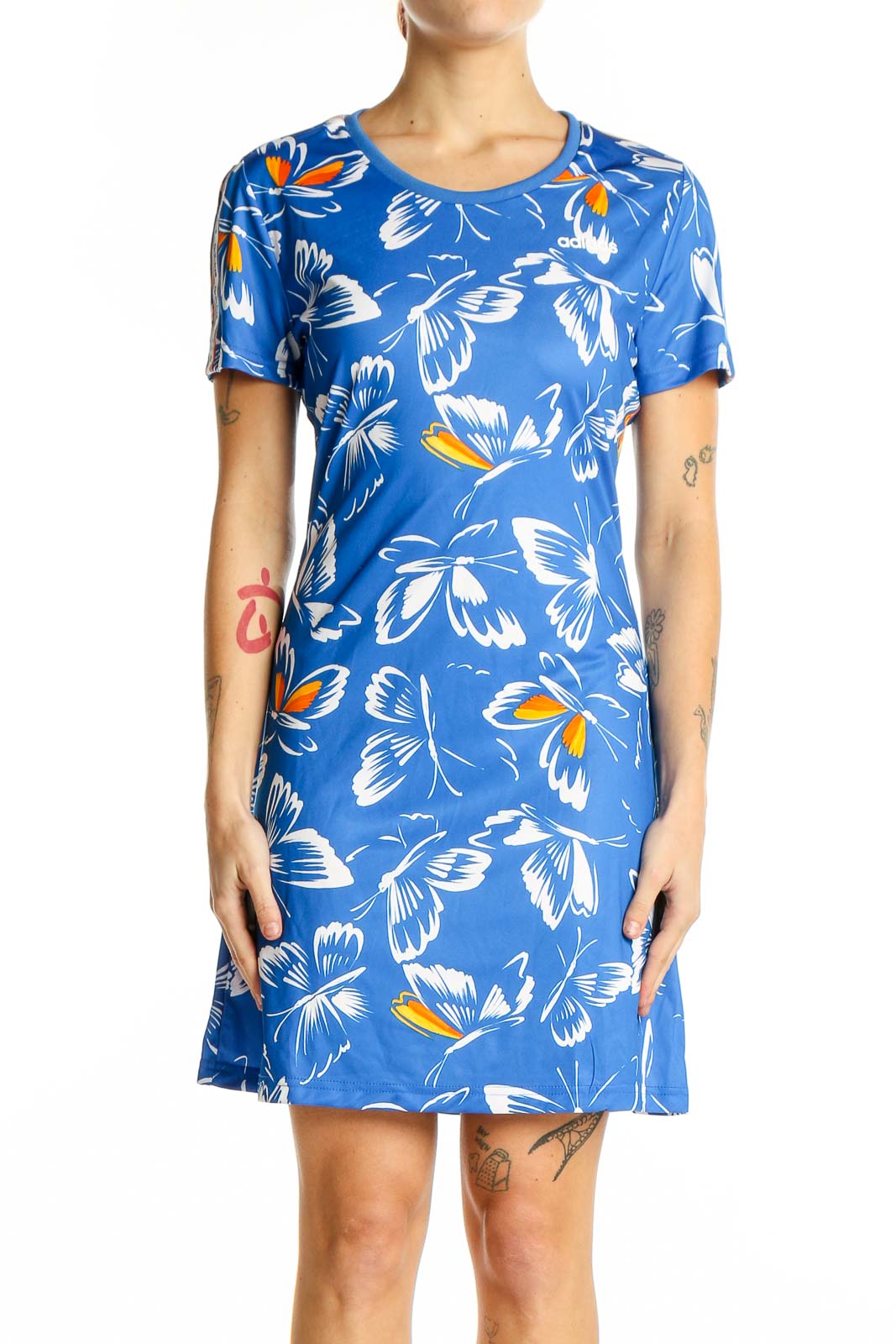 Blue Butterfly Print Short Sleeve Dress Front