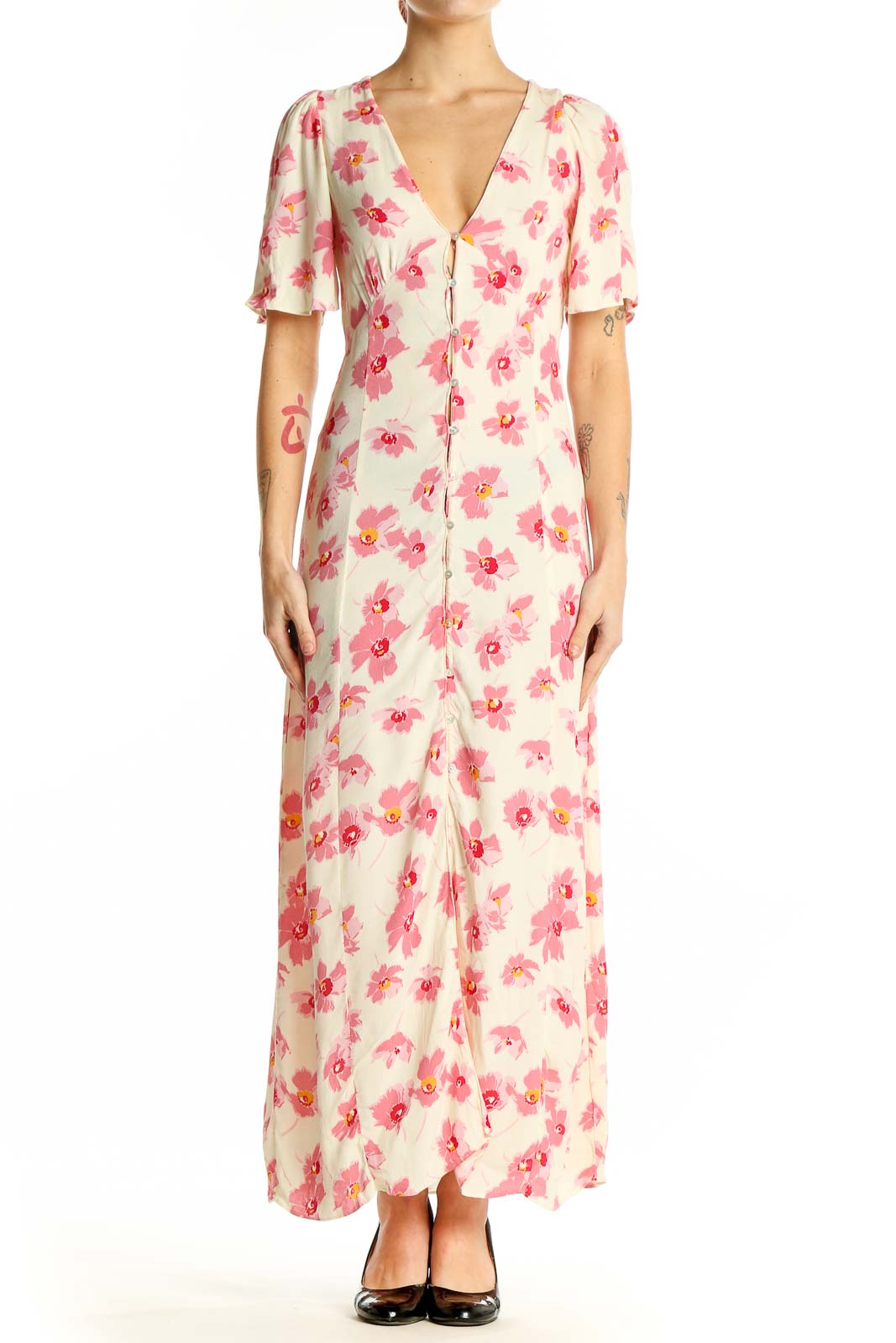 Pink Floral Viscose Maxi Dress Front