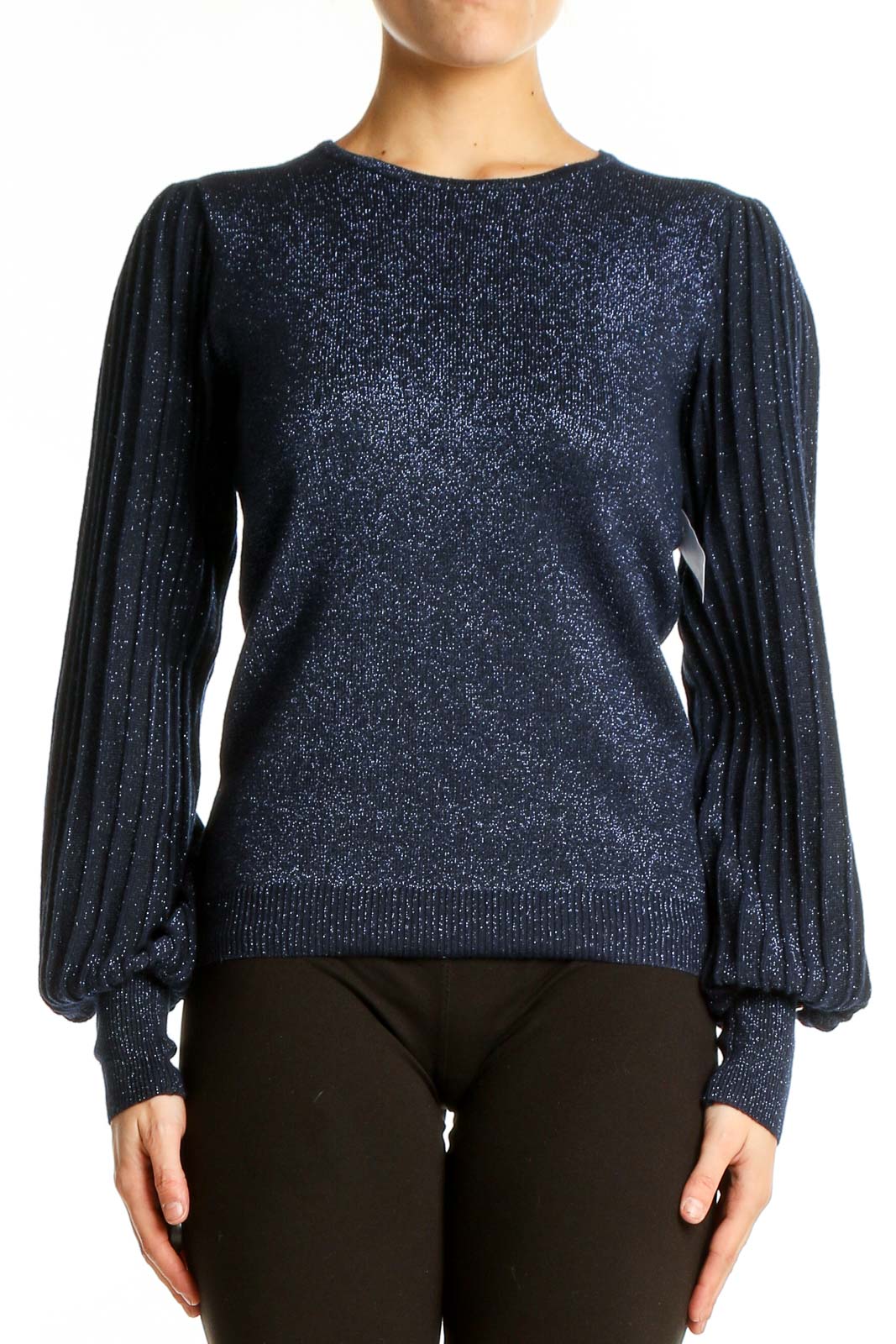 Navy Sparkly Puff Sleeve Sweater Front