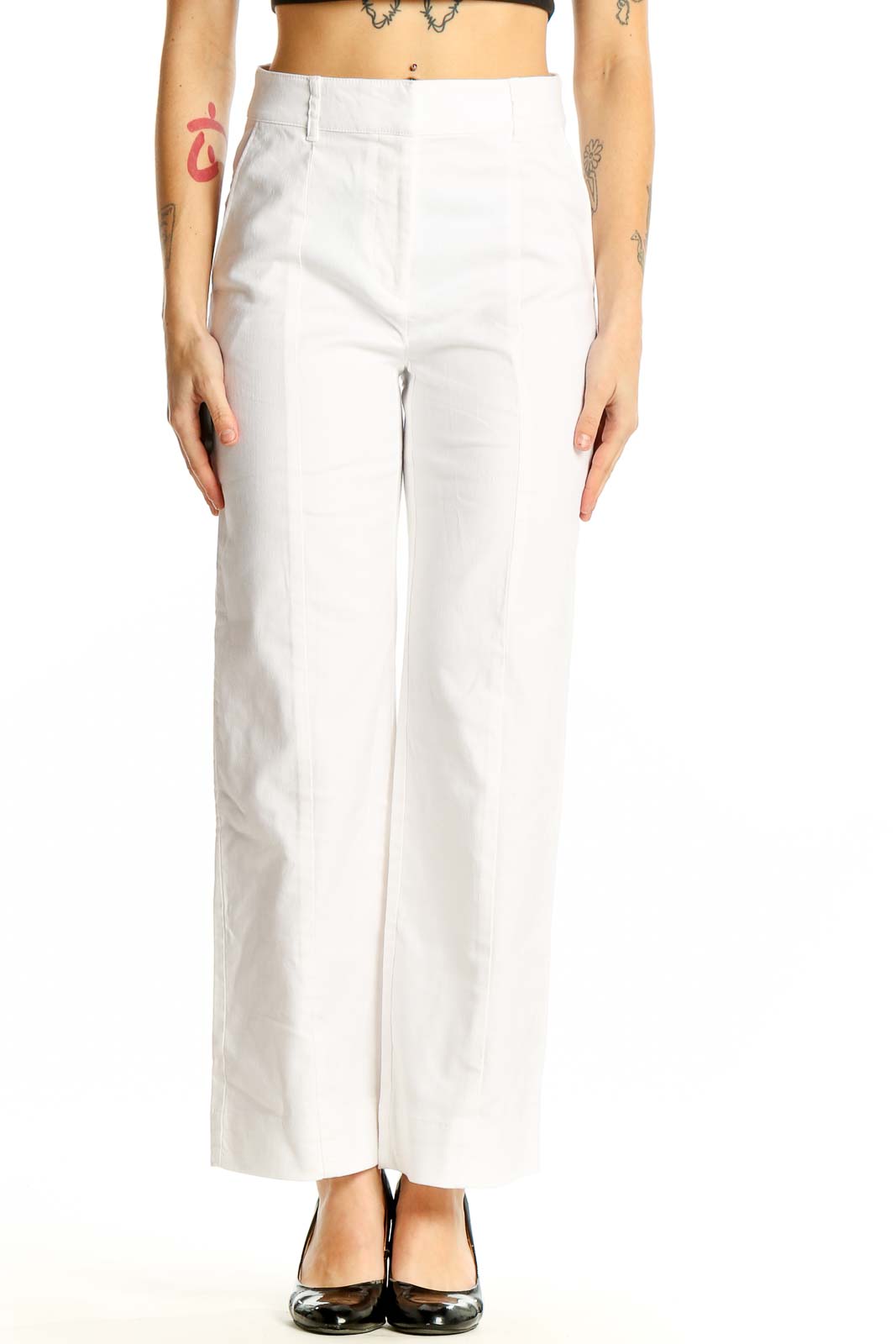 White Cotton-Linen Blend Wide-Leg Trousers Front