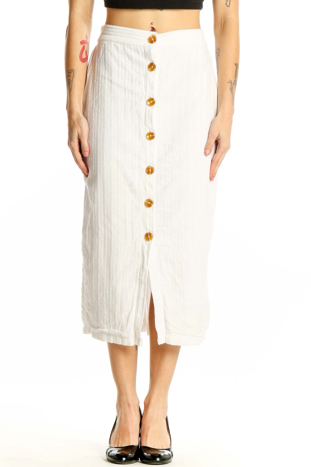 White Cotton Button-Front Midi Skirt Front