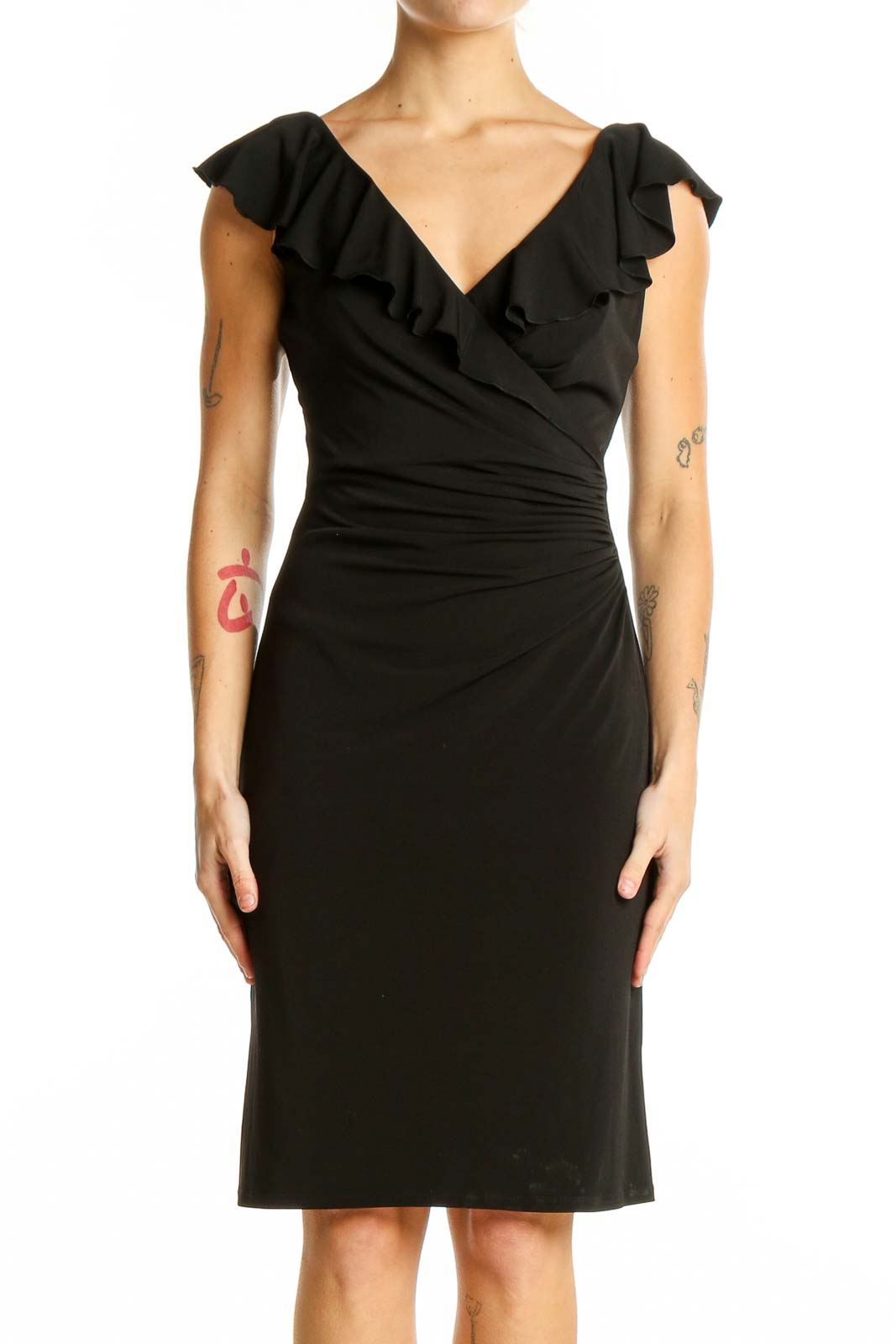 Black Ruffle-Trim Wrap Dress Front