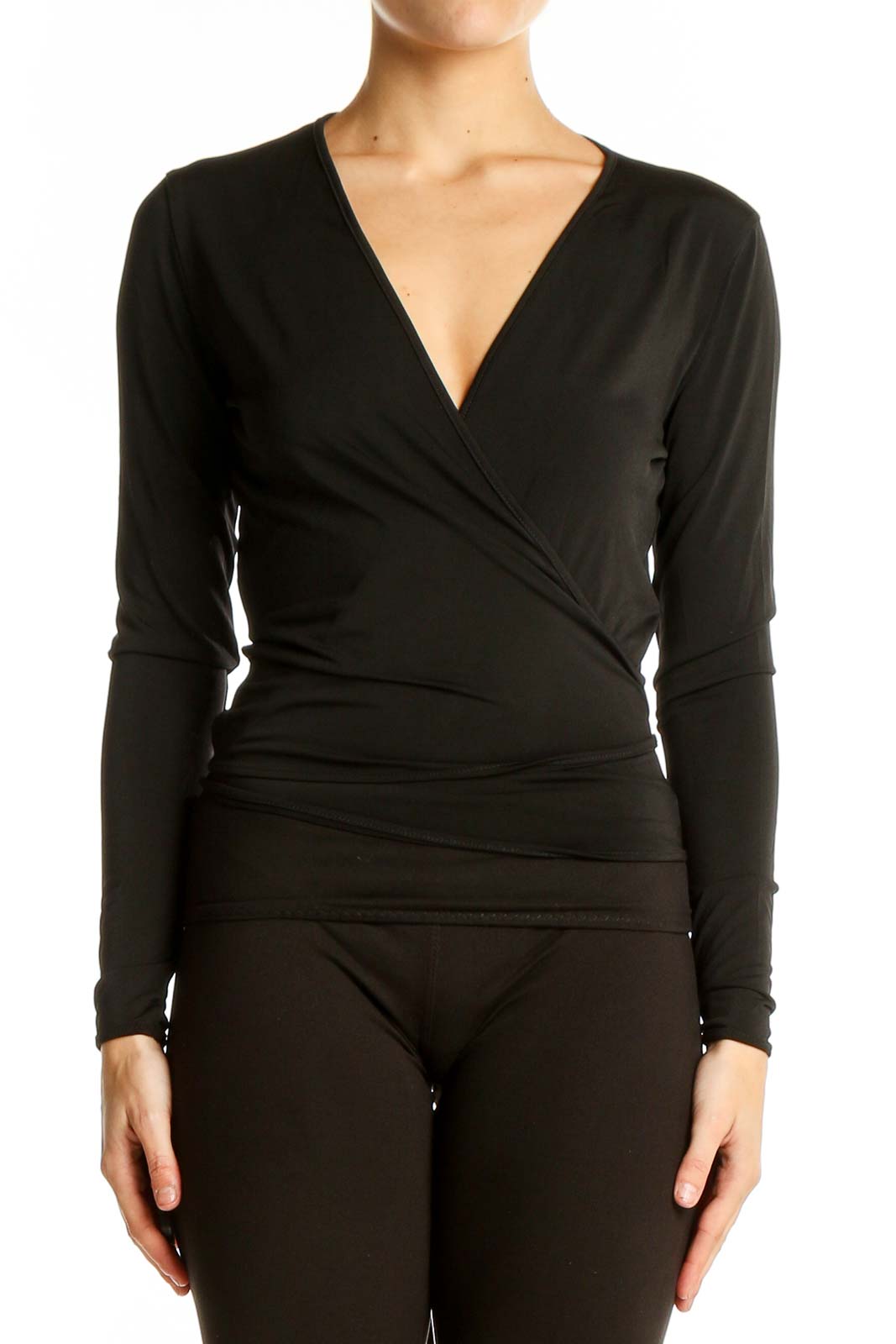 Black Wrap-Style Long Sleeve Top Front