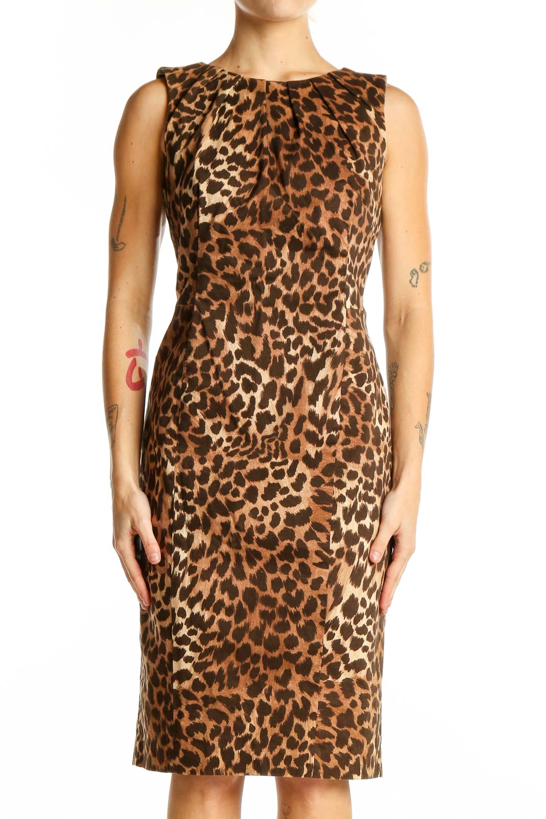 Brown Leopard Print Sleeveless Sheath Dress Front