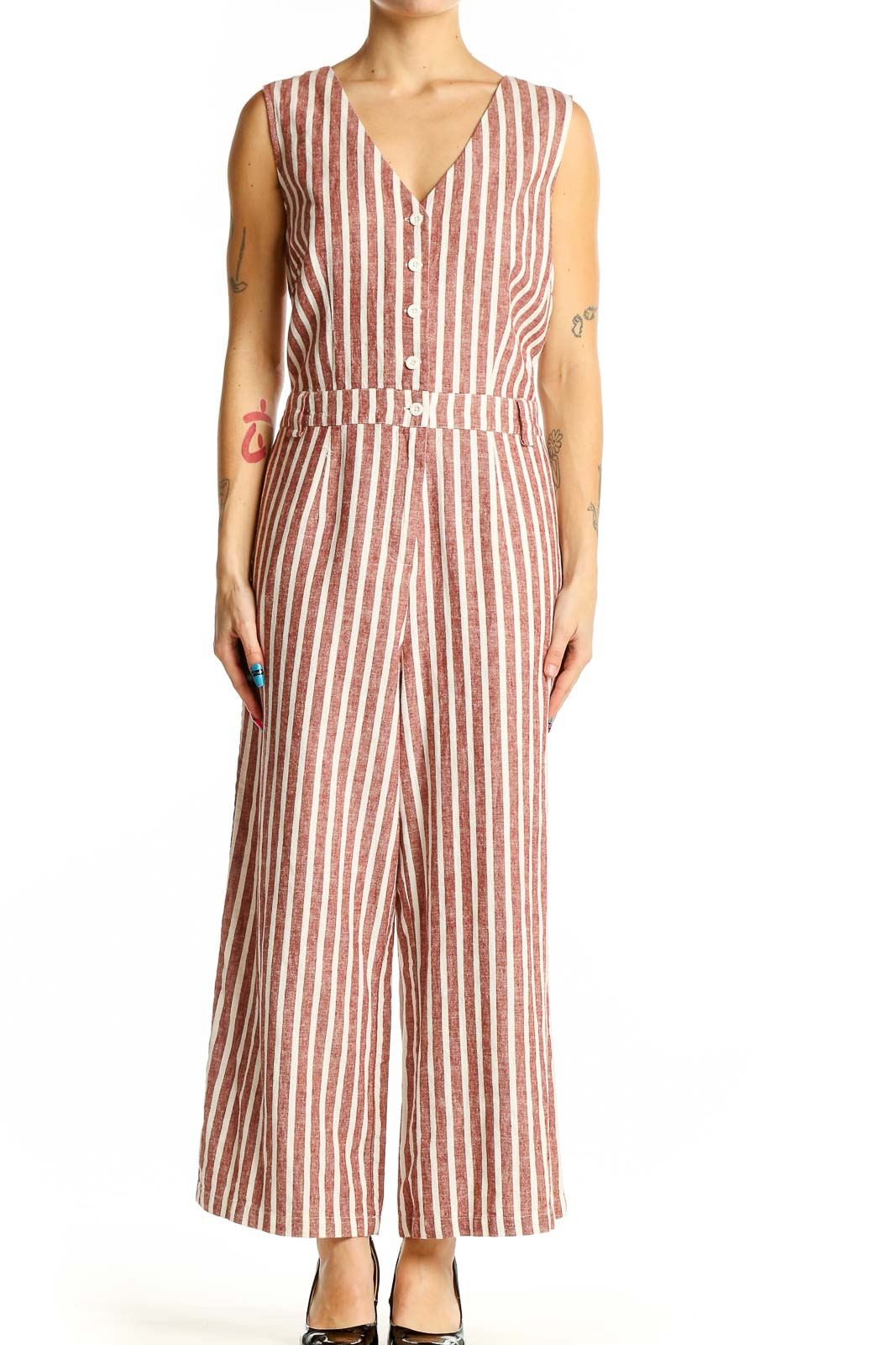 Rust Striped Cotton-Linen Jumpsuit Front