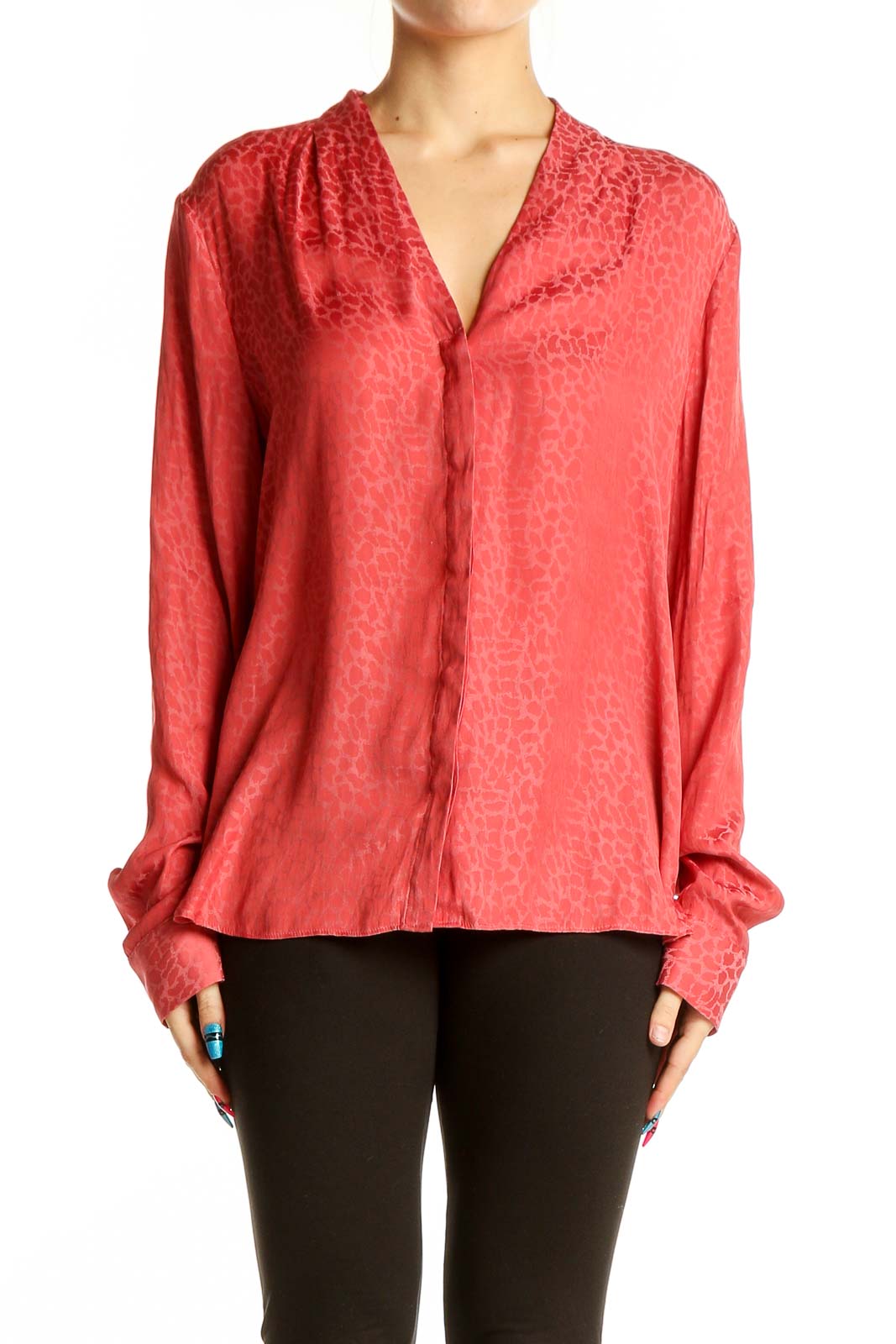 Coral Textured V-Neck Blouse Front