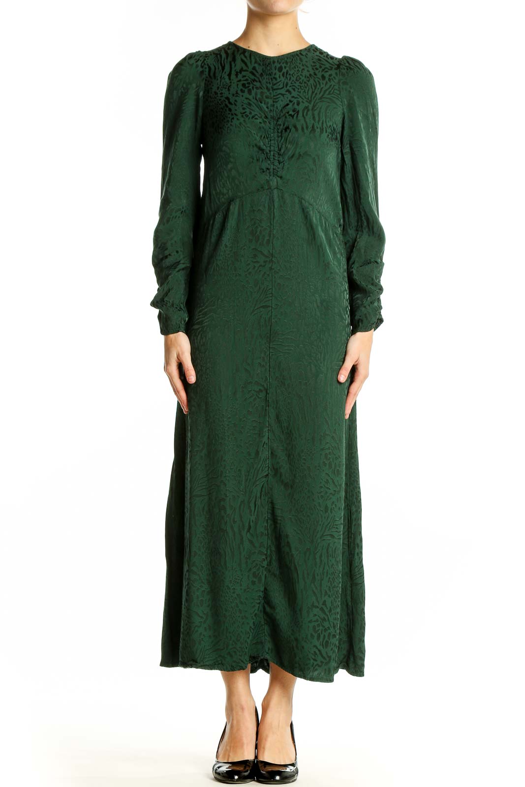 Green Textured Long Sleeve Maxi Dress Front