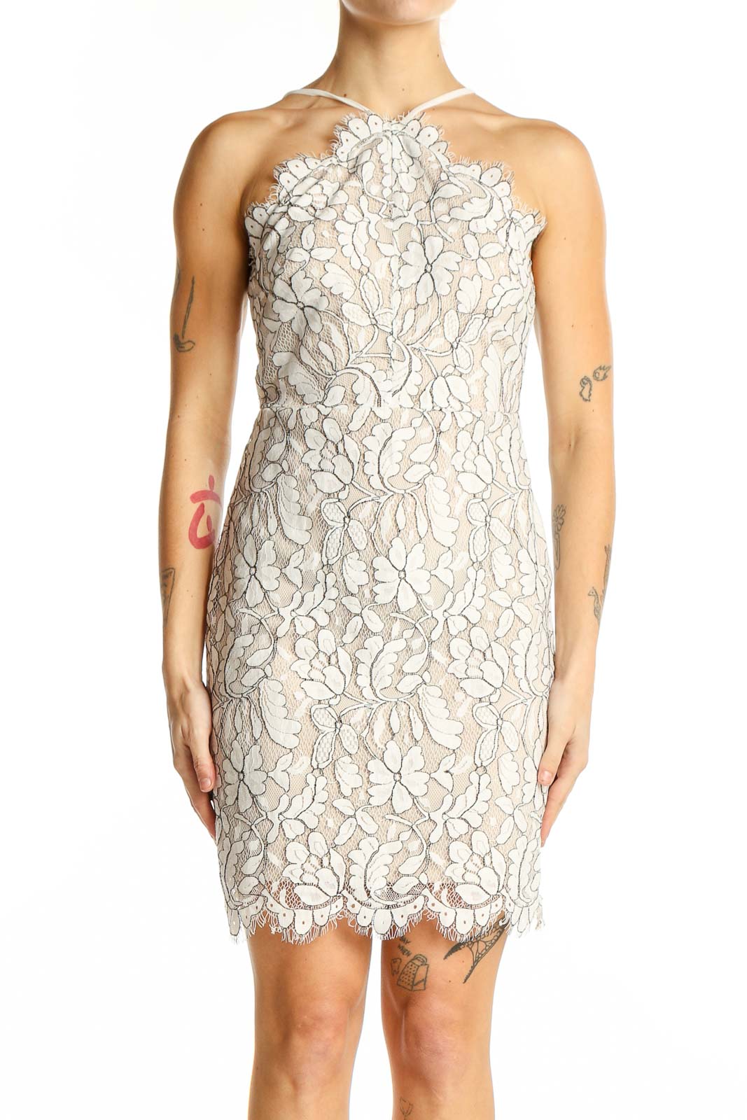 White Floral Lace Halter Mini Dress Front