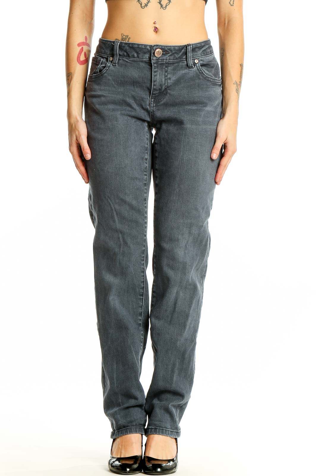 Gray Straight Leg Denim Jeans Front