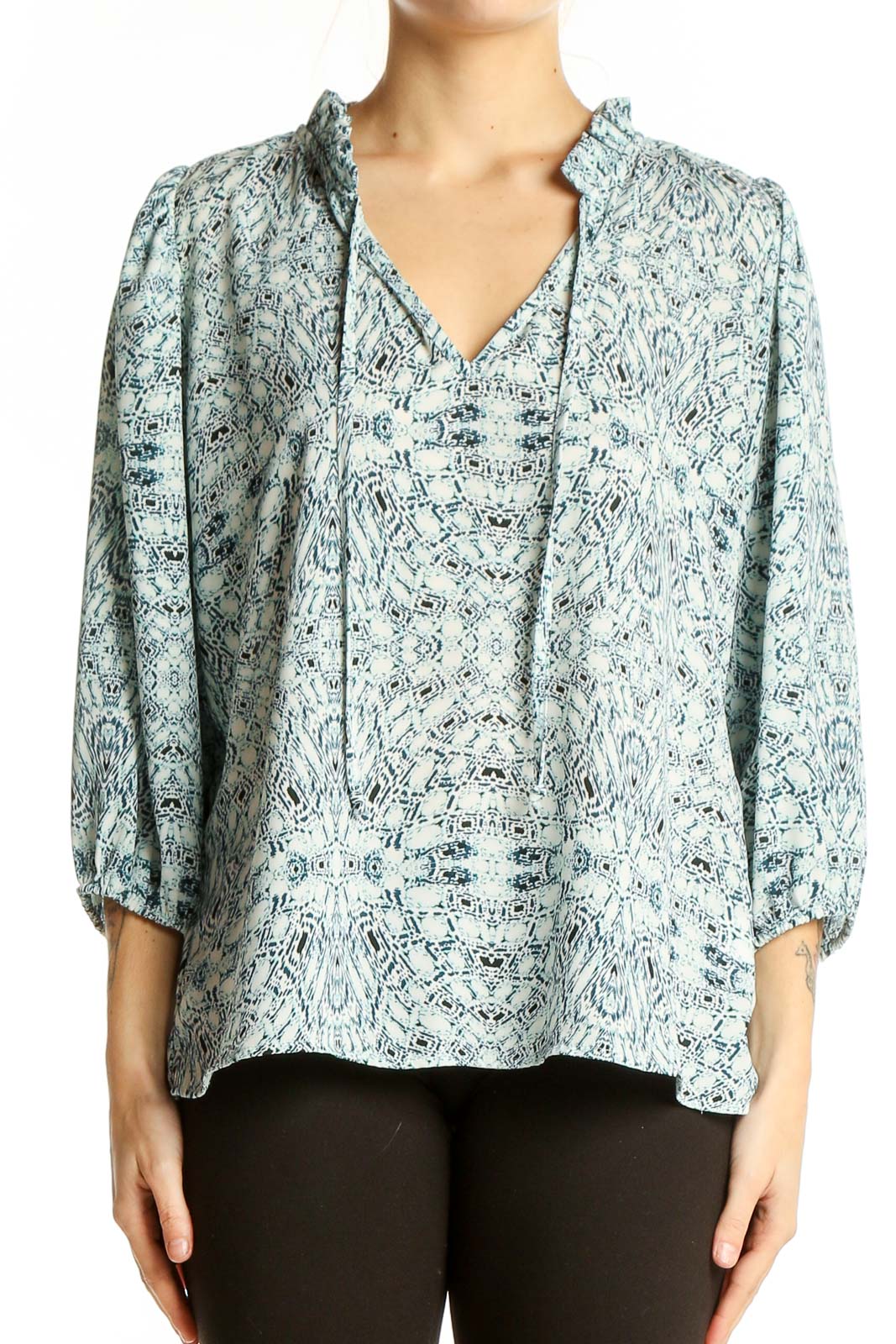 Blue Floral Print Peasant Blouse Front