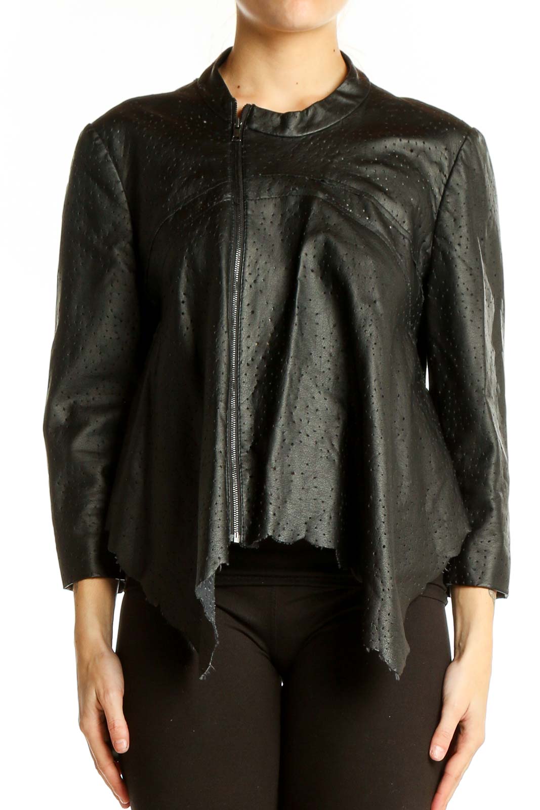 Black Perforated Asymmetrical Zip Jacket Front