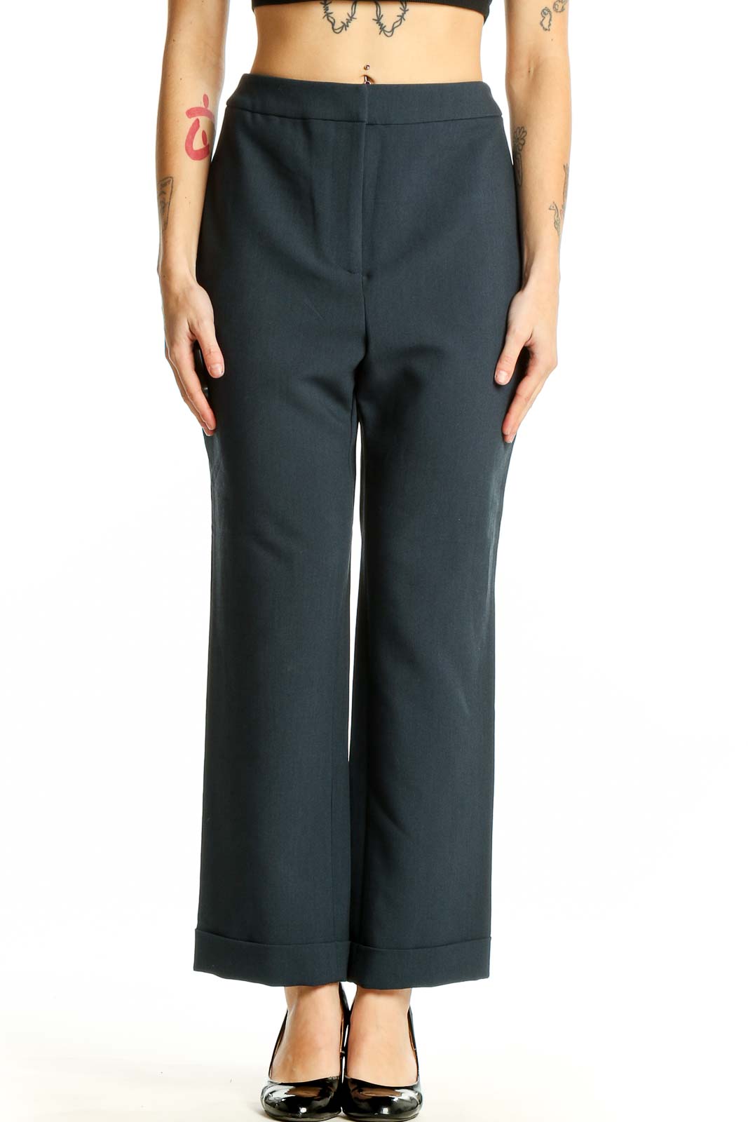 Navy Wide-Leg Tailored Trousers Front
