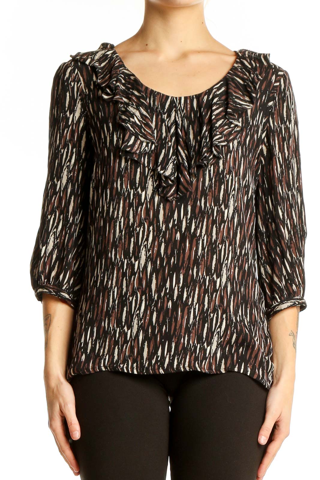 Brown Abstract Print Silk Blouse Front