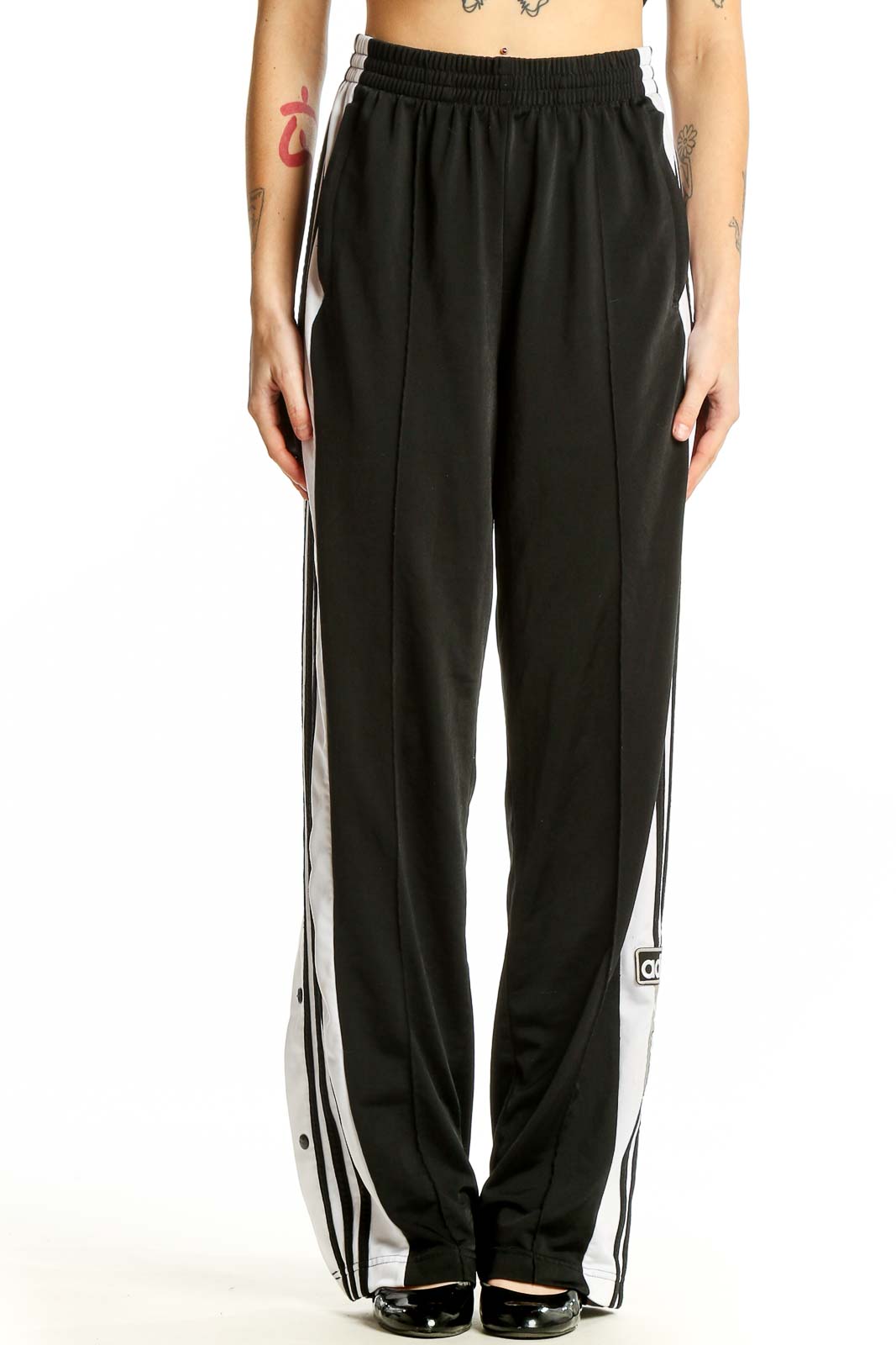 Black Polyester Track Pants with Side Stripes Front
