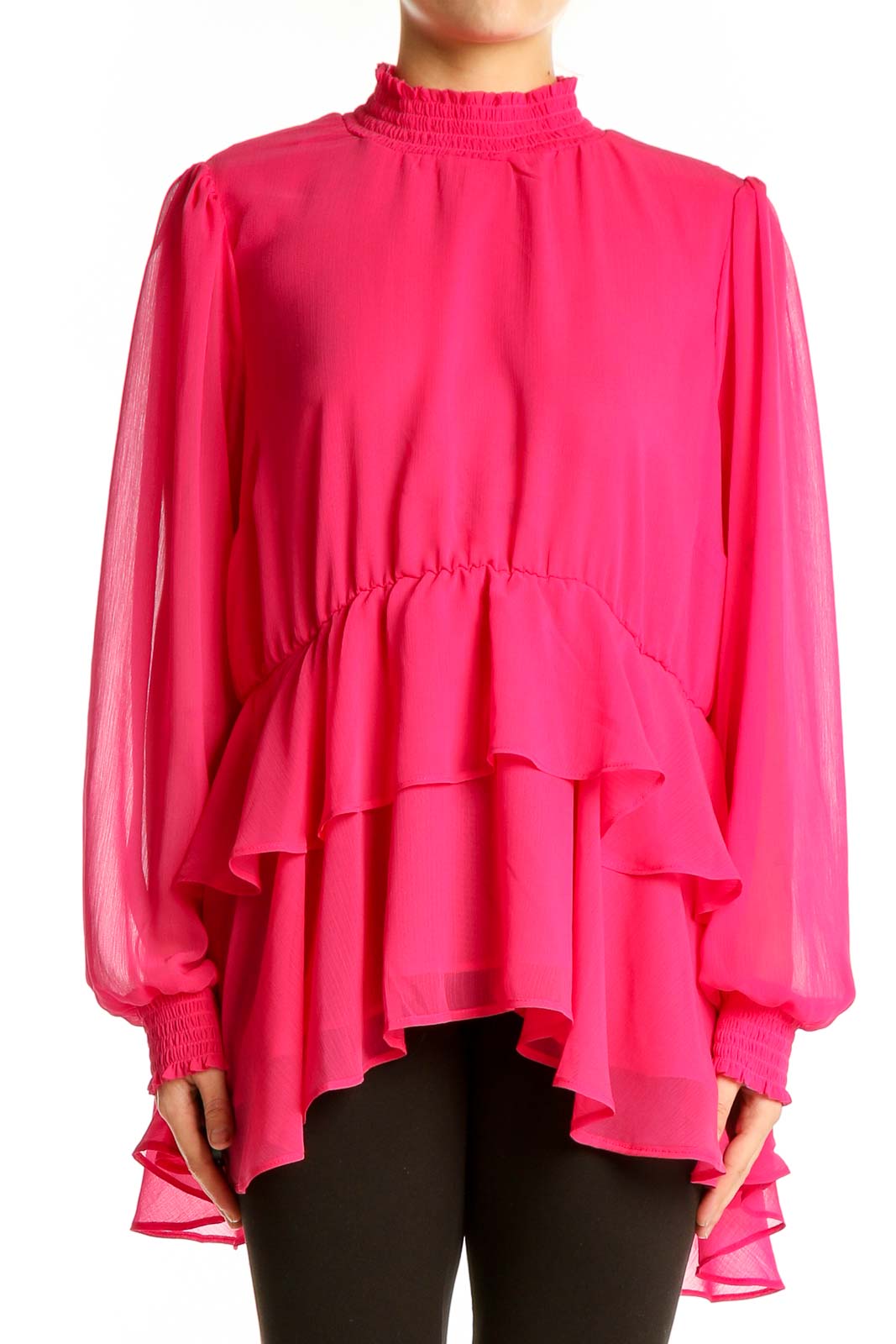 Hot Pink Ruffled Chiffon Blouse Front
