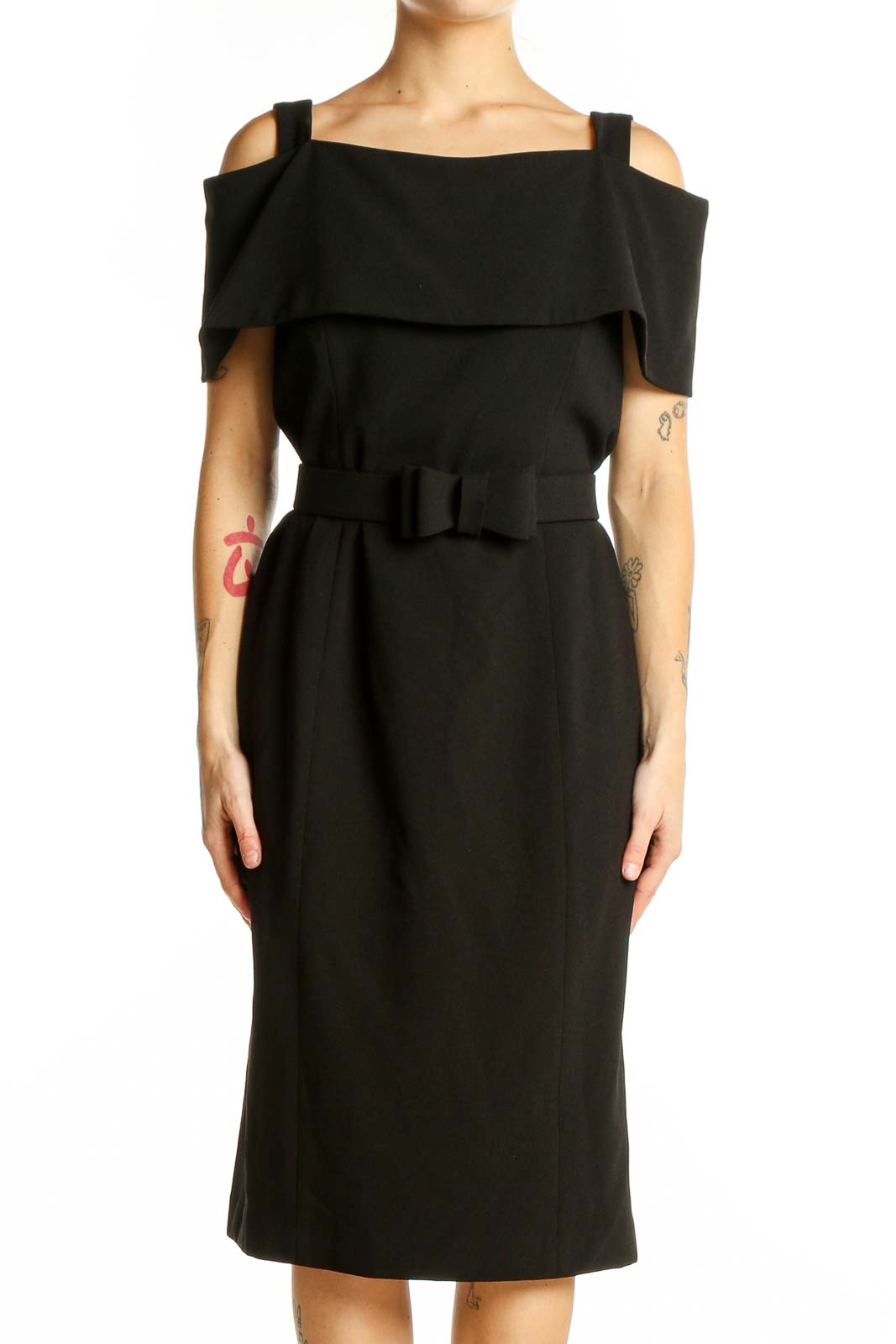 Black Off-Shoulder Belted Midi Dress Front