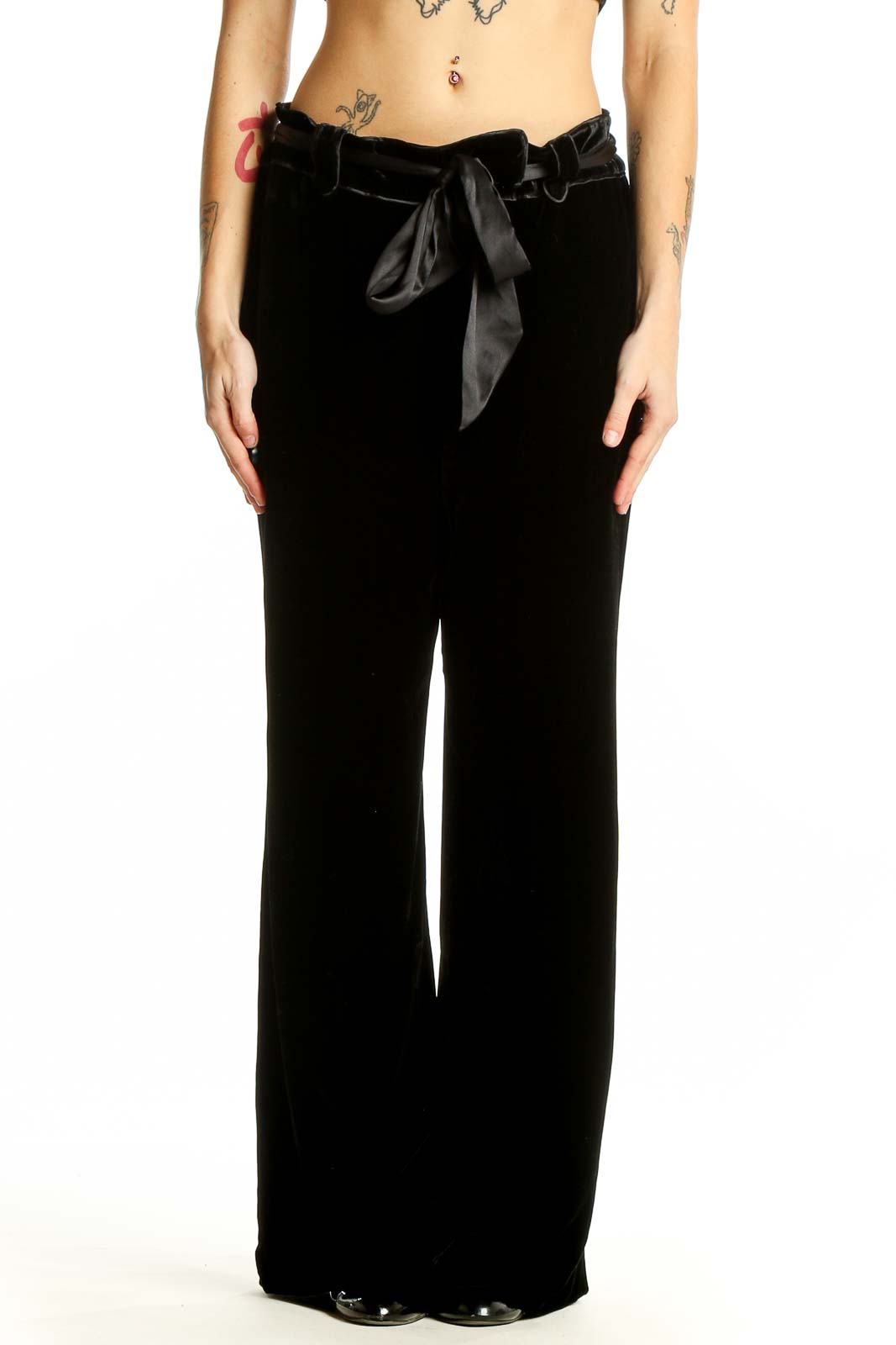 Black Wide-Leg Rayon Silk Pants Front