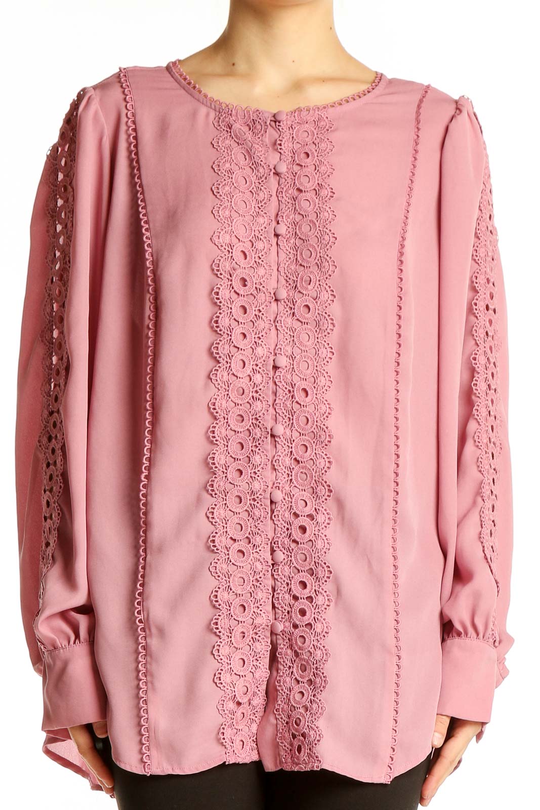 Pink Lace-Trimmed Polyester Blouse Front