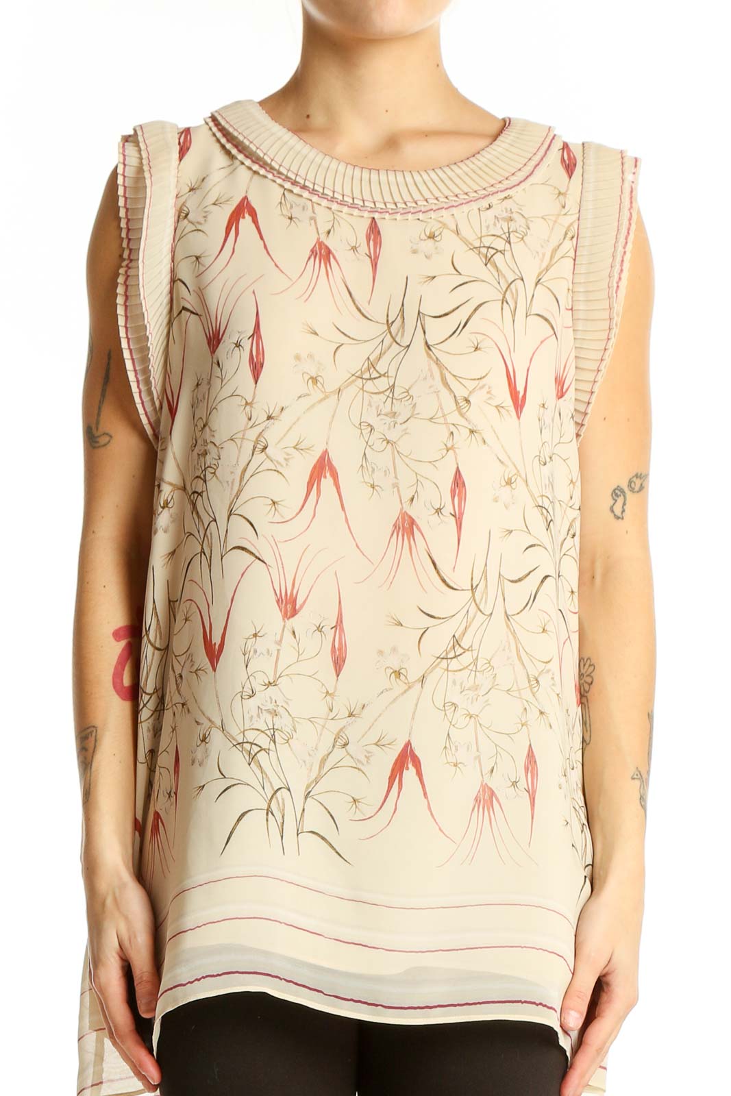Beige Floral Print Sleeveless Blouse Front