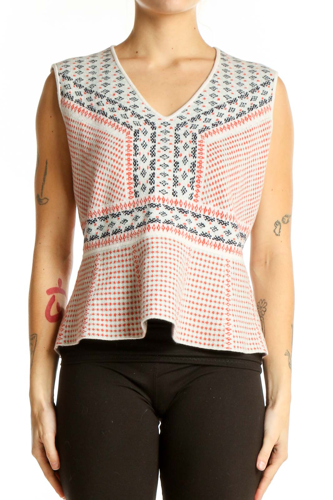 White Patterned Sleeveless Peplum Top Front