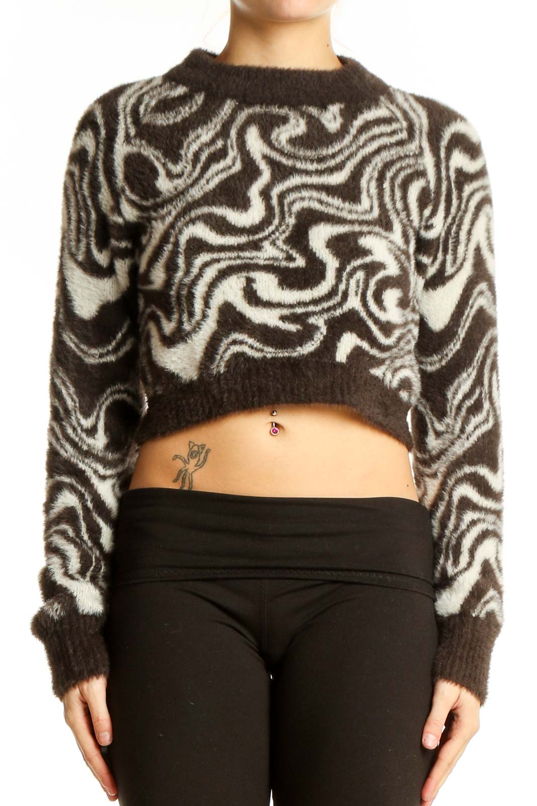 Brown and White Swirl Pattern Crop Sweater Front
