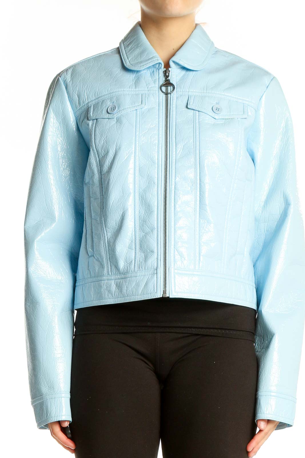 Sky Blue Faux Patent Leather Cropped Jacket Front