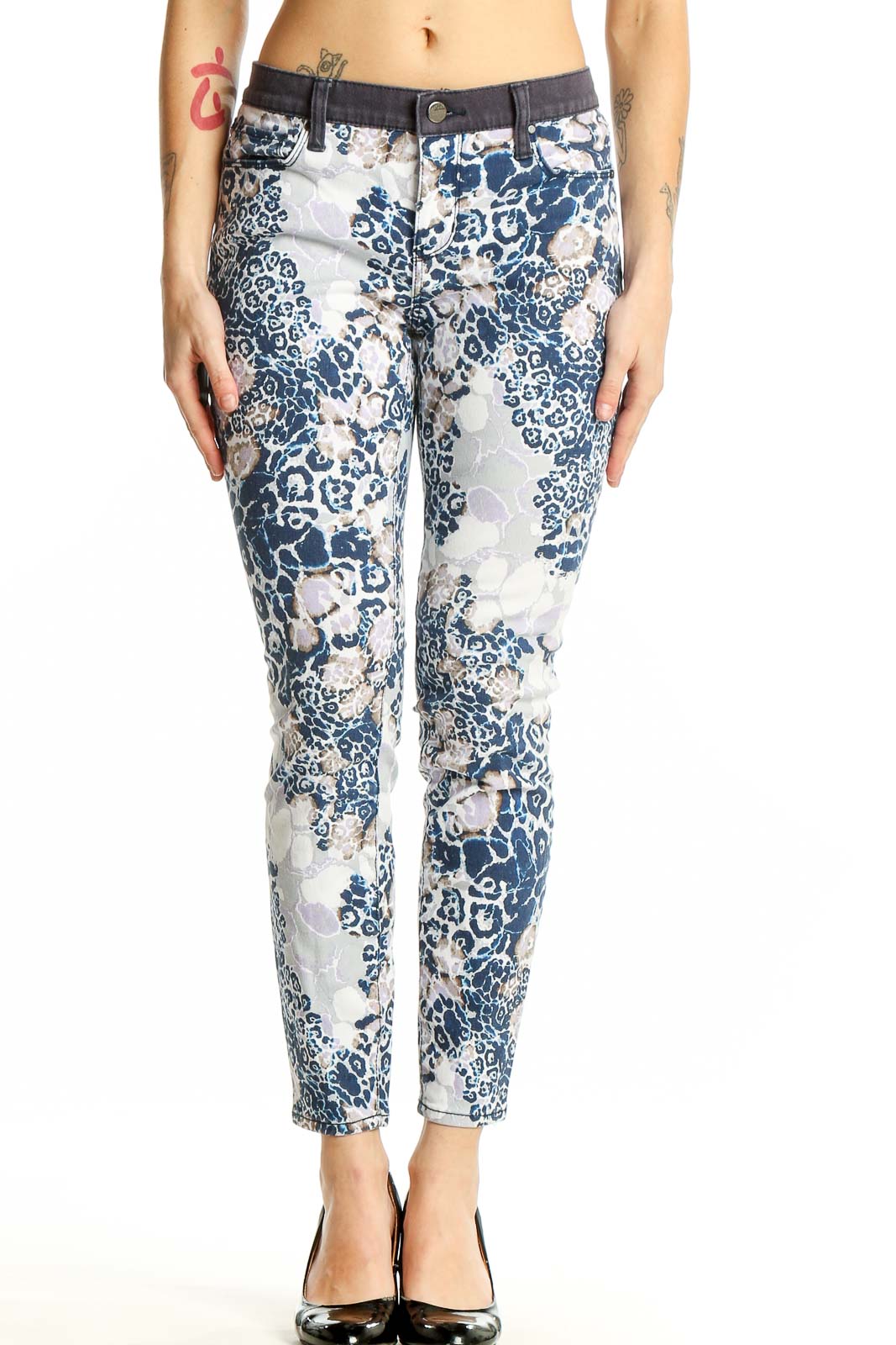 Blue and White Floral Leopard Print Jeans Front