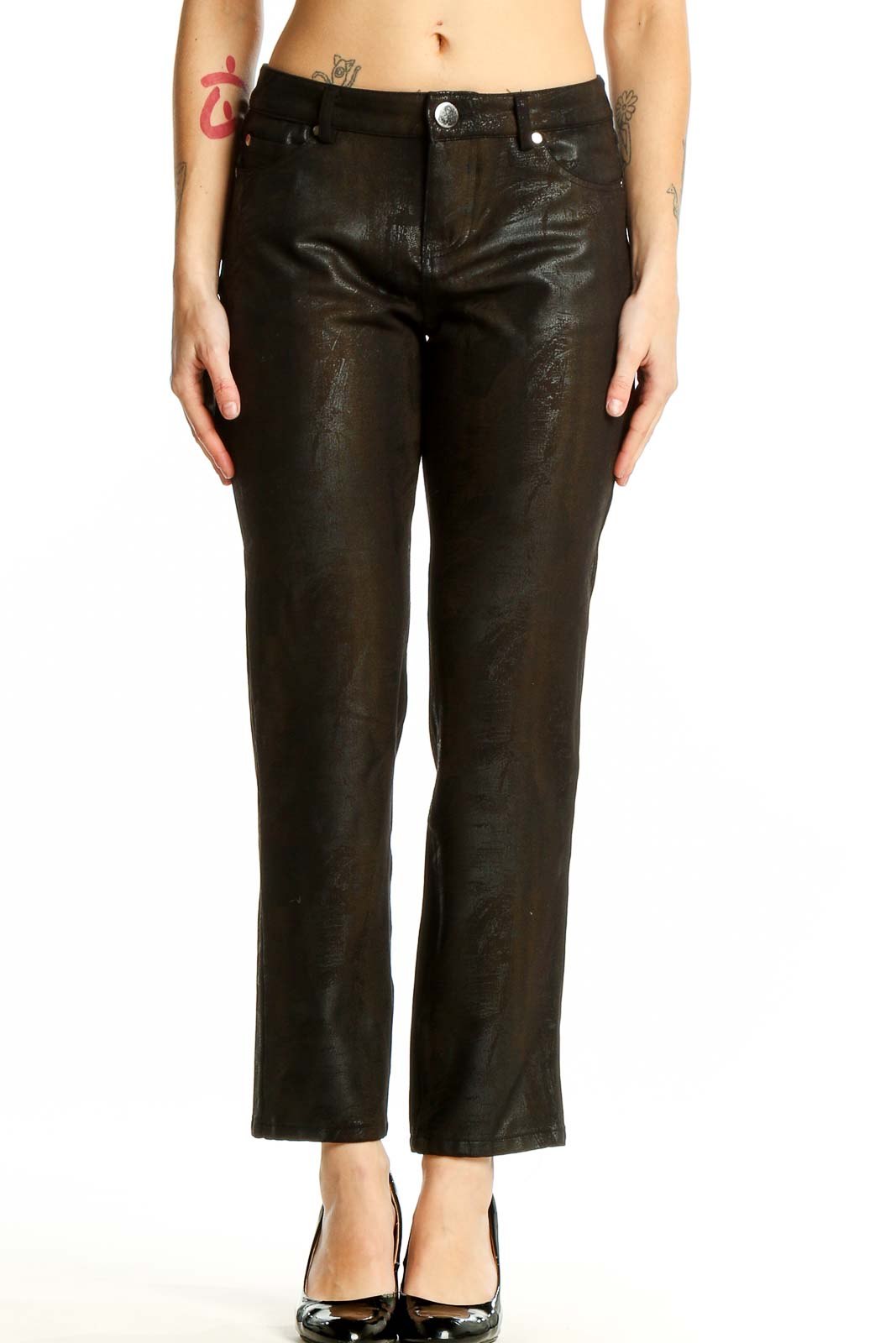 Black Shimmering Straight-Leg Pants Front
