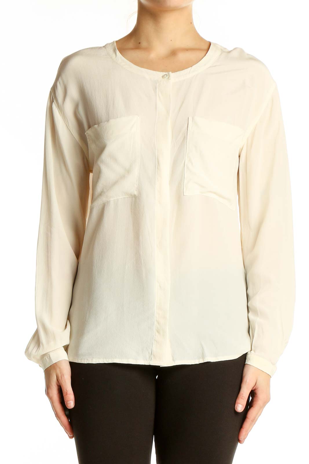 Ivory Silk Long-Sleeve Blouse Front