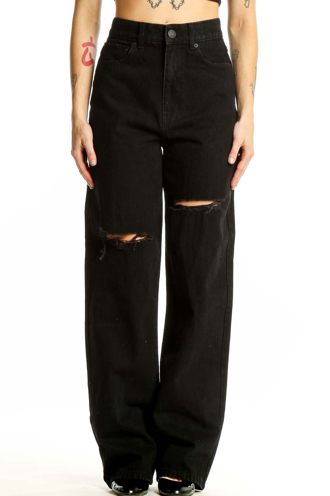 Black Distressed Wide-Leg Denim Jeans Front