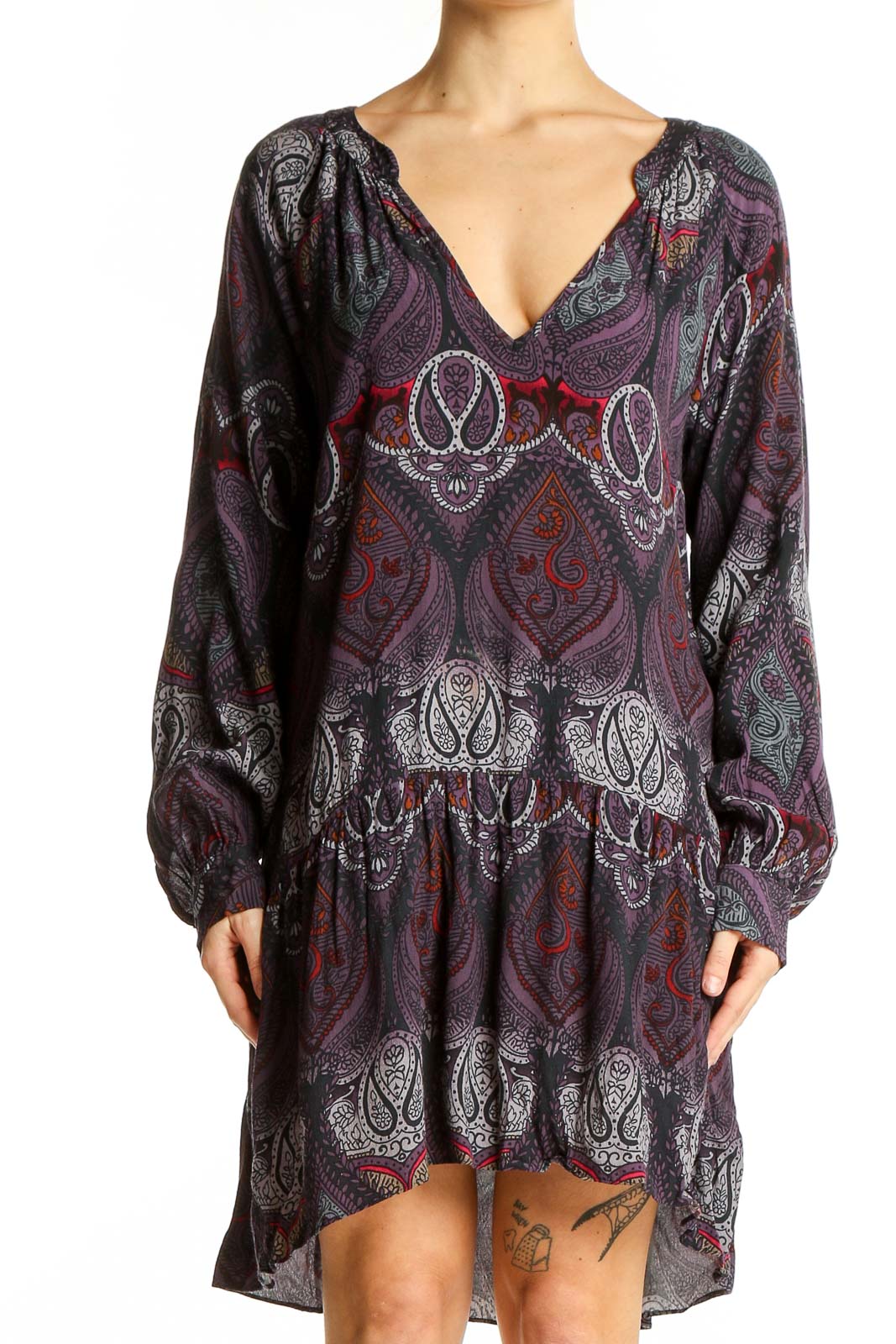 Purple Paisley Boho Mini Dress Front