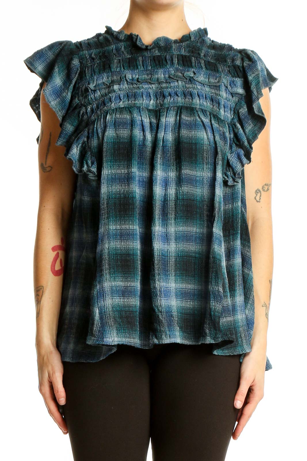 Blue Plaid Ruffled Sleeveless Top Front