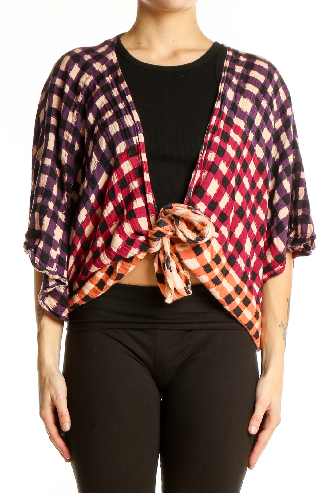 Purple Ombre Plaid Cropped Cardigan Front