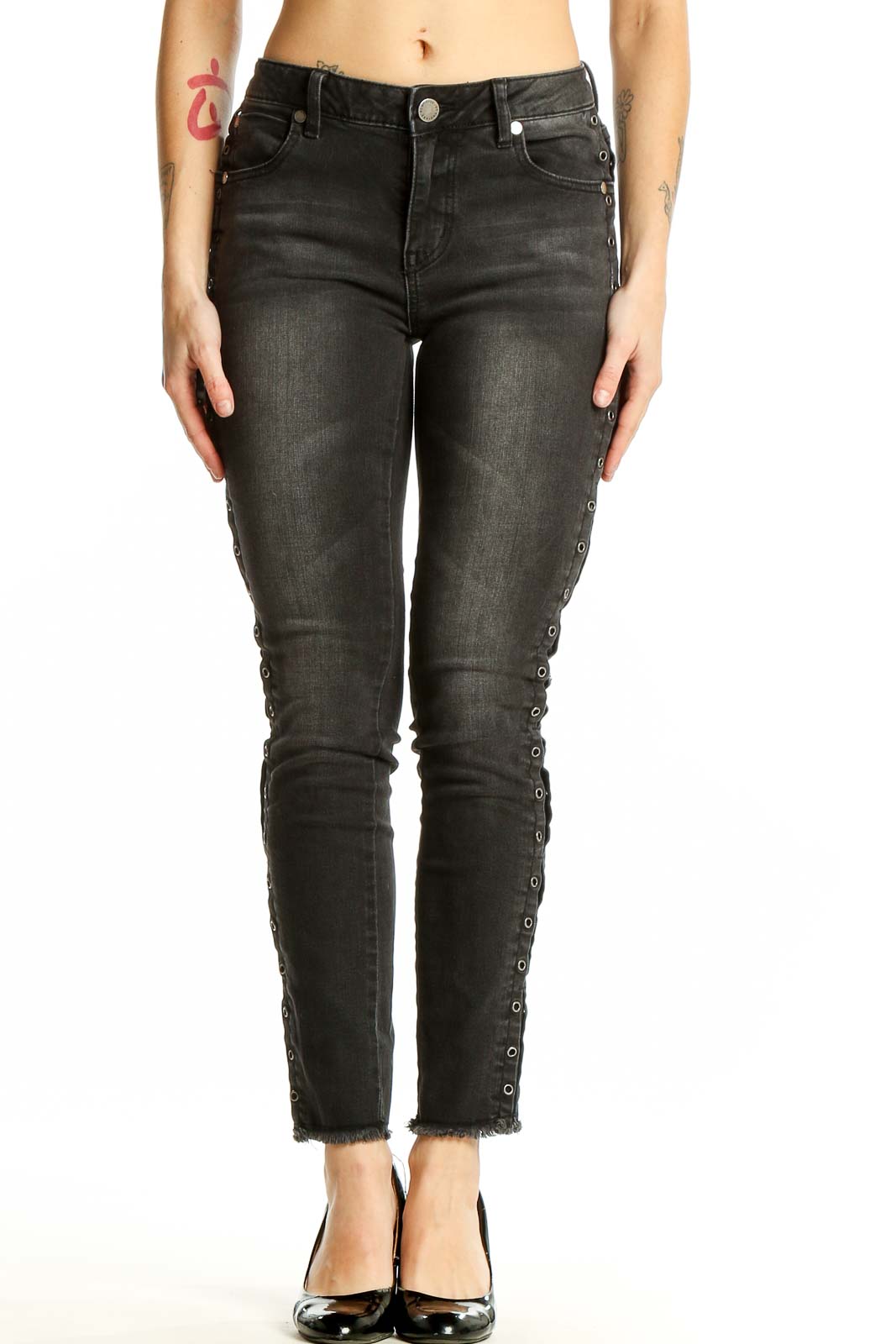 Black Distressed Lace-Up Skinny Jeans Front