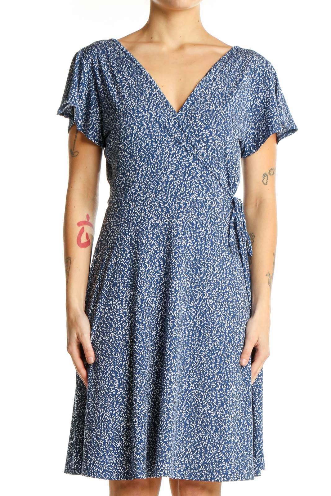 Blue Floral Wrap Midi Dress Front