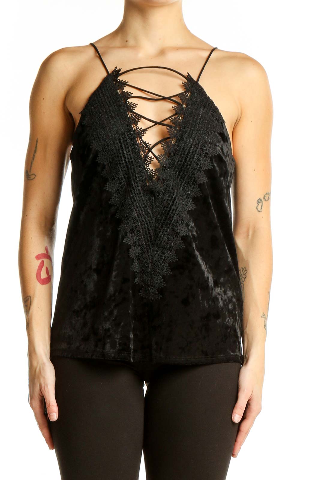 Black Velvet Lace-Up Camisole Top Front
