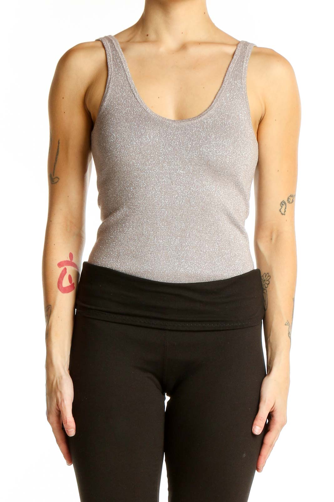 Silver Metallic Sleeveless Tank Top Front