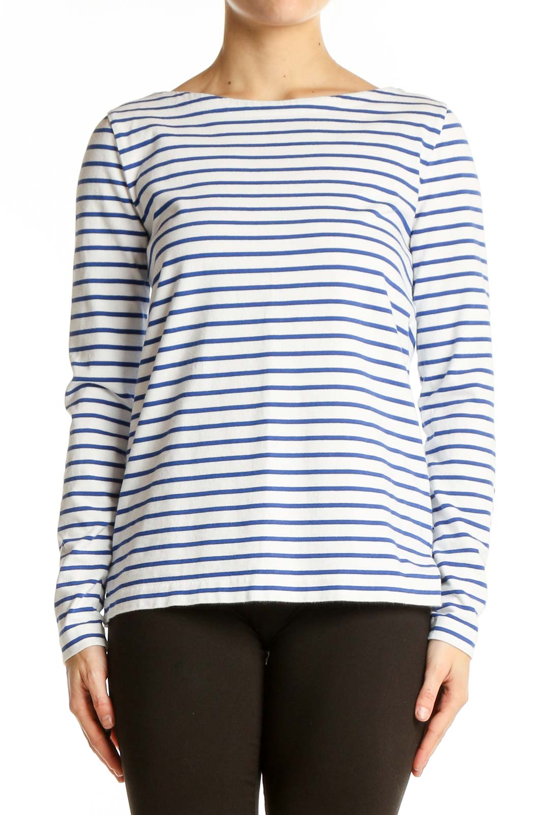 Blue and White Striped Cotton Long Sleeve Top Front
