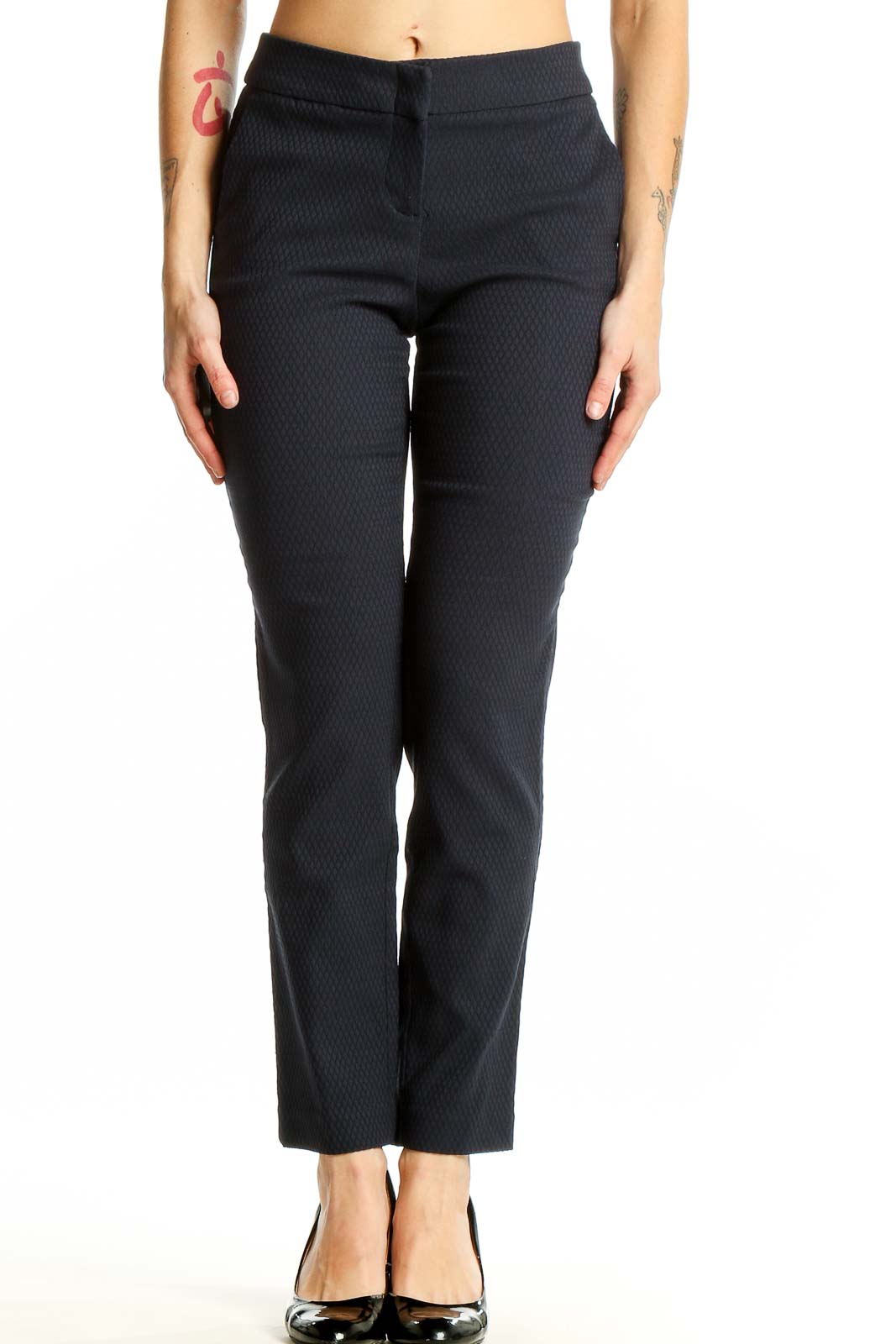 Black Textured Slim Fit Trousers Front
